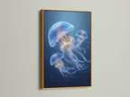 Jellyfish artwork in a gold frame. The gold frame adds luxury. It enhances the artwork's elegance. This frame is perfect for a touch of glam. The gold frame offers a sophisticated look. It complements the jellyfish artwork. Display art with this opulent frame. Make a statement with this framed piece. Elevate your space with this golden touch. A luxurious choice for art enthusiasts.