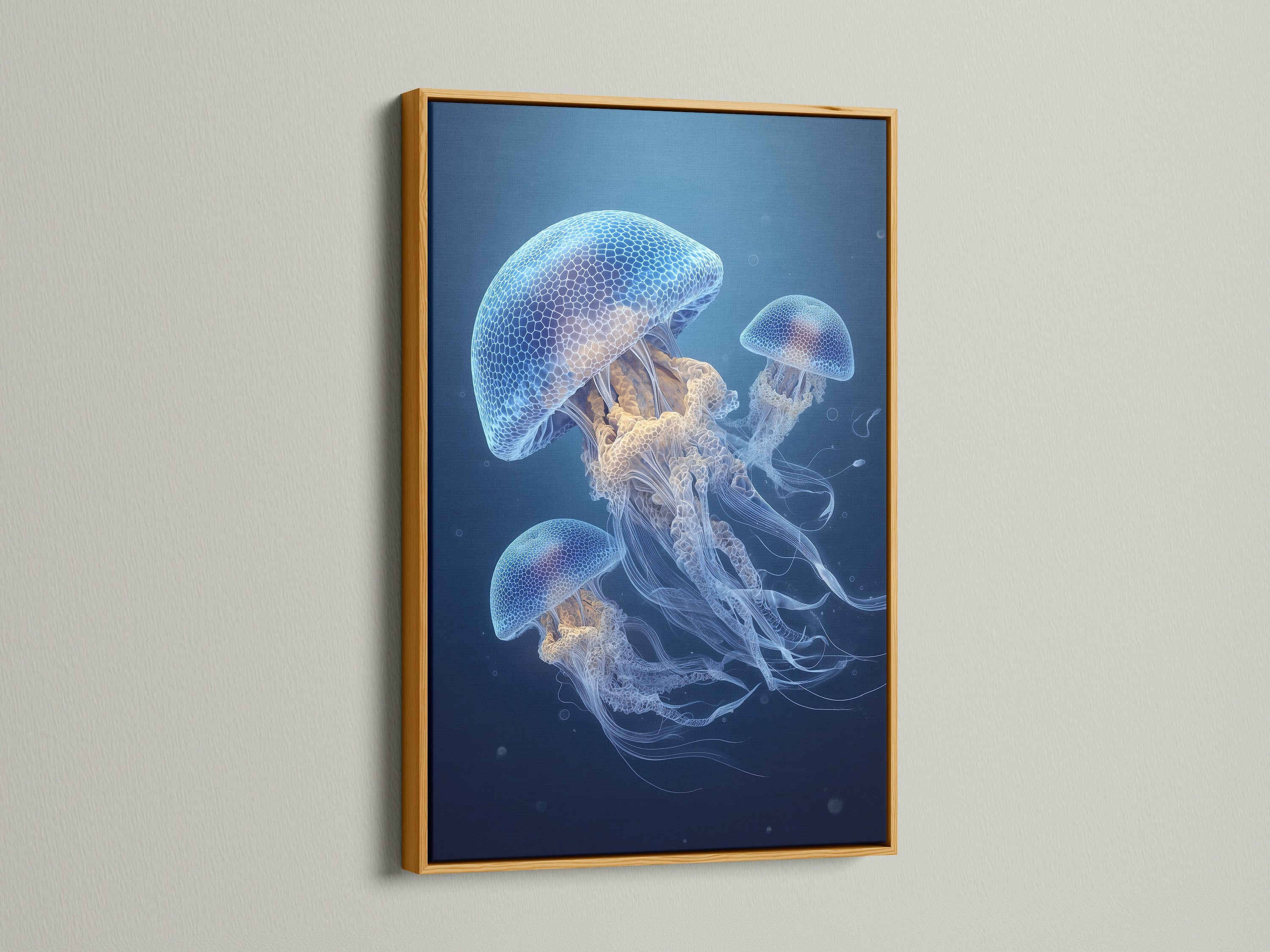 Jellyfish artwork in a gold frame. The gold frame adds luxury. It enhances the artwork's elegance. This frame is perfect for a touch of glam. The gold frame offers a sophisticated look. It complements the jellyfish artwork. Display art with this opulent frame. Make a statement with this framed piece. Elevate your space with this golden touch. A luxurious choice for art enthusiasts.