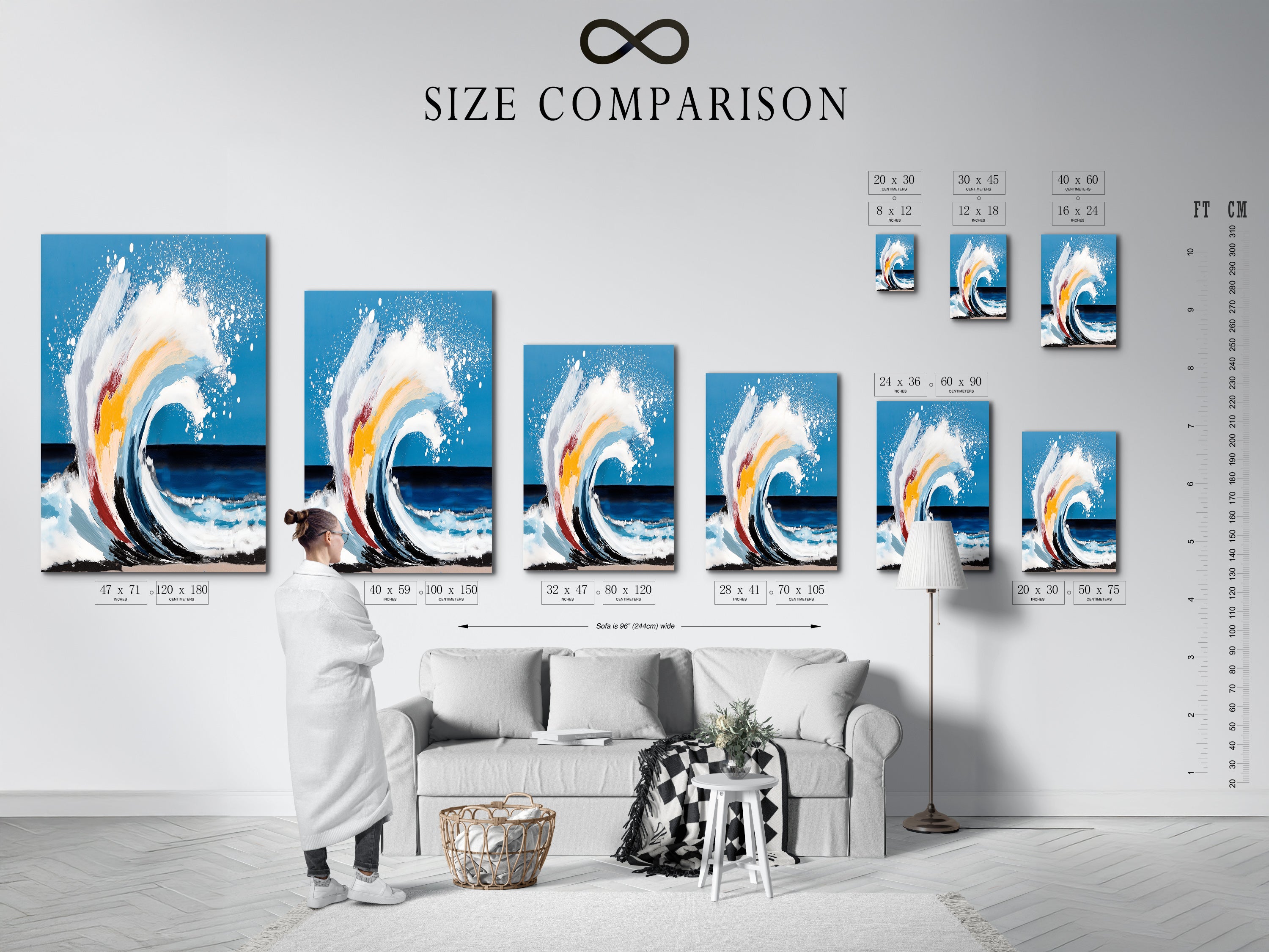 A size comparison chart is displayed in an interior setting. See how different sizes of ocean wave art fit in your space. Plan your coastal wall decor with ease. Choose the perfect abstract seascape for your home.