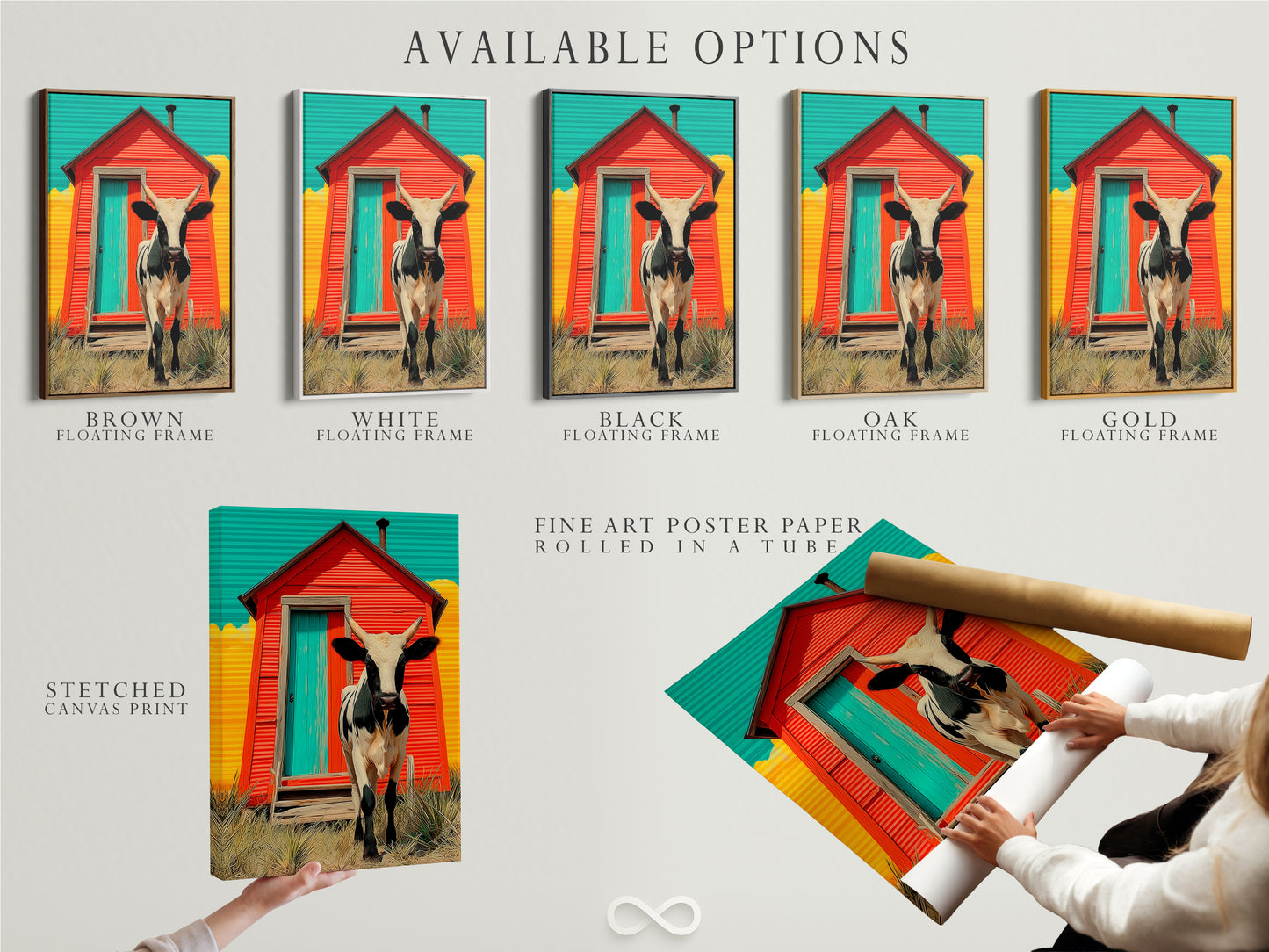 Explore available options for your cow artwork. Choose from stretched canvas prints. Fine art poster paper and floating frames are available. Customize your farmhouse wall art. Create the perfect rustic barn animal artwork display.