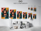 A size comparison chart is displayed in an interior setting. Visualize the perfect size for your funny monkey artwork. See how the pop art canvas fits in different spaces. Choose the ideal size for your animal wall art. Ensure your quirky home decor complements your room's dimensions.