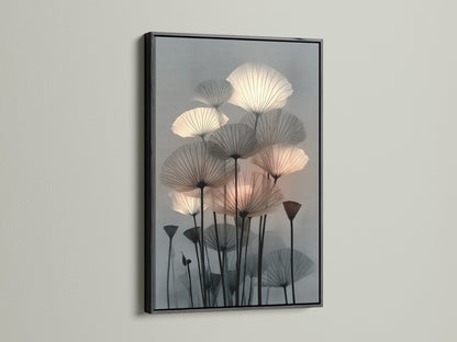 Botanical canvas print with a sleek black frame. This modern plant artwork enhances your space. The abstract wall art is perfect as living room art. This flower canvas uses neutral tones. It's a stylish choice for bedroom wall decor and minimalist art.