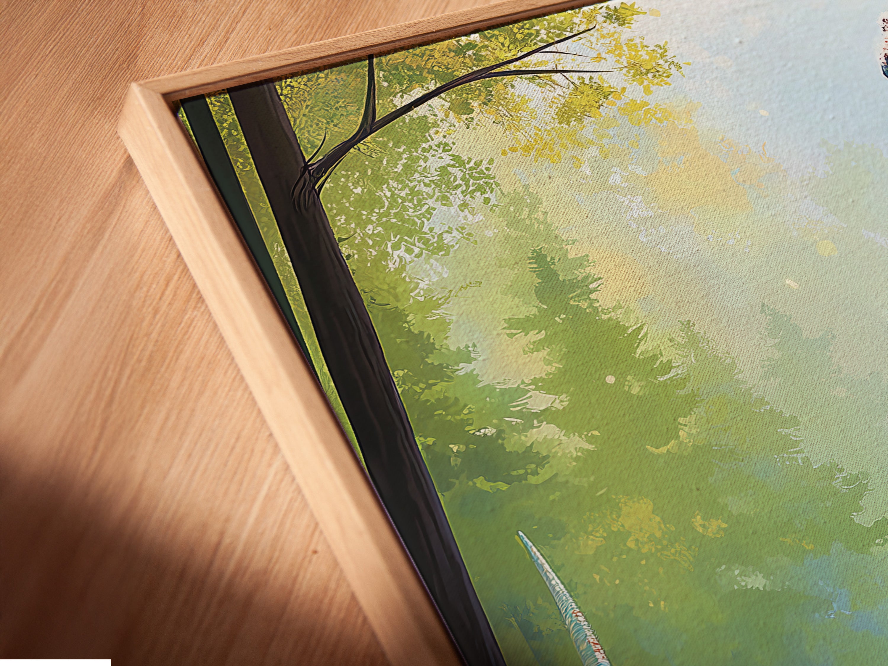 A close-up shot of a canvas print in a floating frame. The floating frame gives the artwork a modern look. It appears to float within the frame. Discover the unique appeal of floating frames now