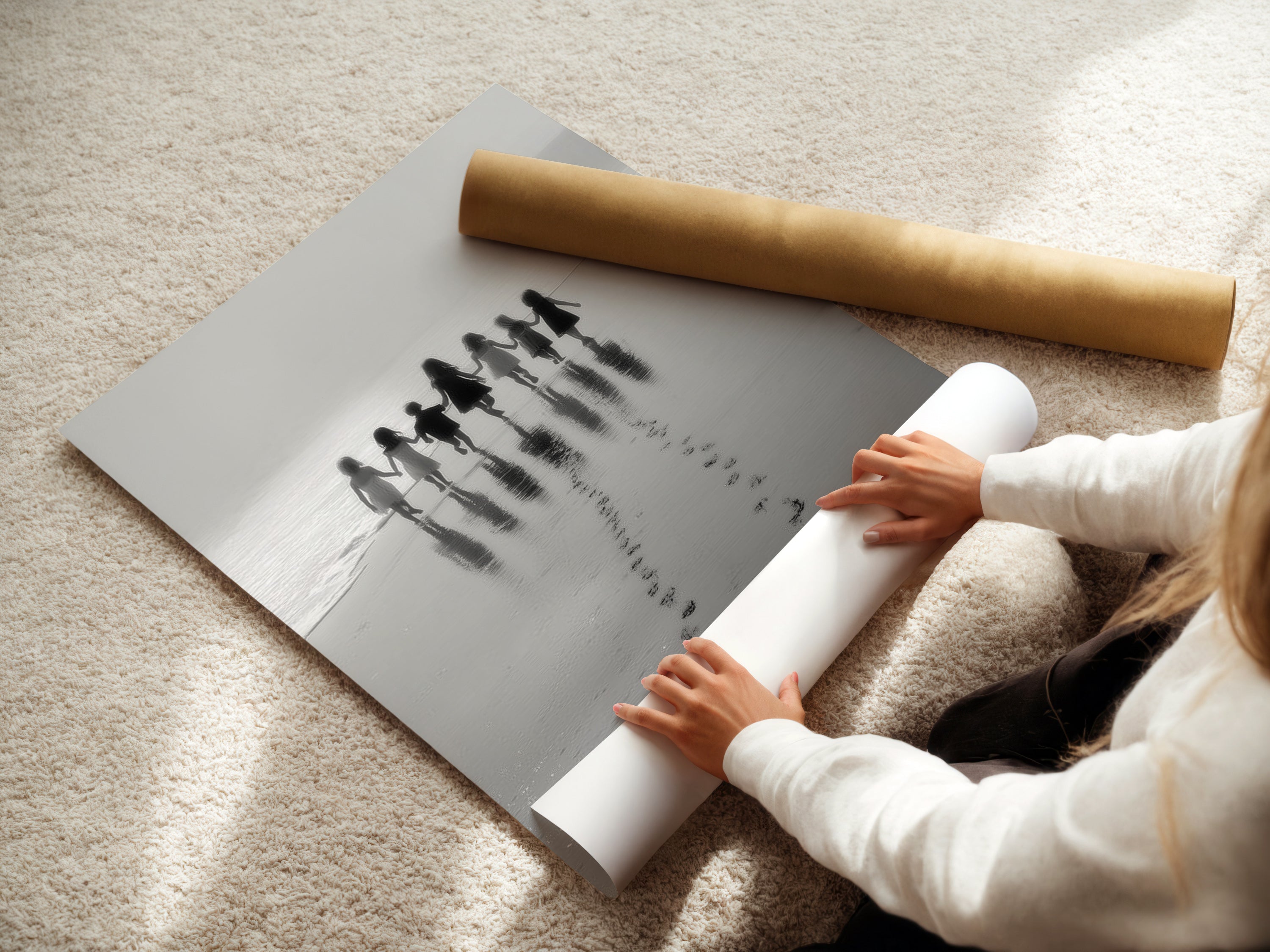 A woman carefully rolls a fine art poster paper of the Beach Walk print. This black and white seascape photography is ready for framing. Ideal for nursery wall decor or coastal artwork. A minimalist art choice for family photos.