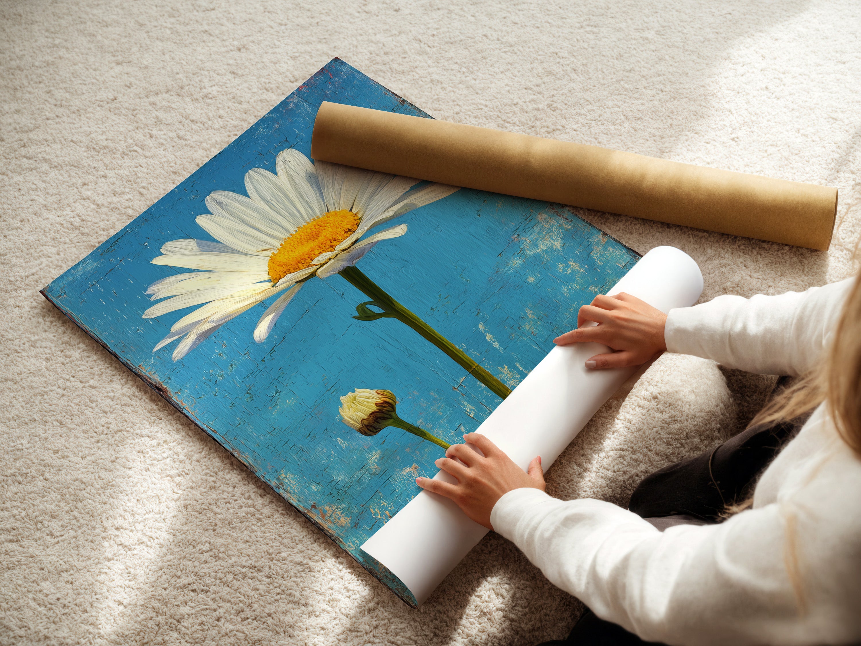 A woman is carefully rolling a fine art poster paper. The poster features a botanical artwork. The paper is high-quality ensuring the art looks its best. This image shows the care taken in preparing fine art prints.