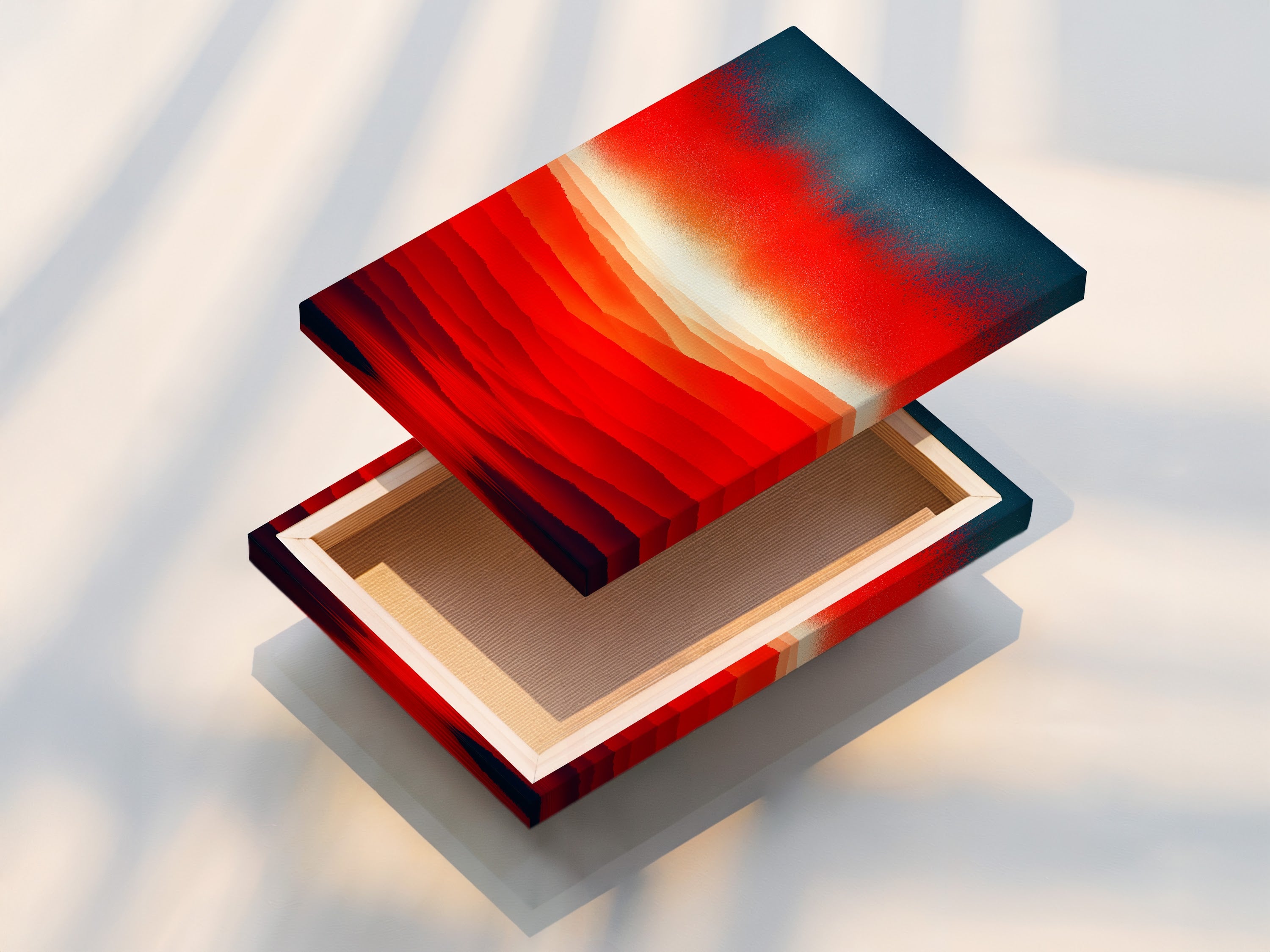 A stretched canvas print of an abstract sunset artwork is displayed. The red orange mountain landscape adds a modern touch. This contemporary print is perfect for bedroom decor and enhancing your walls.