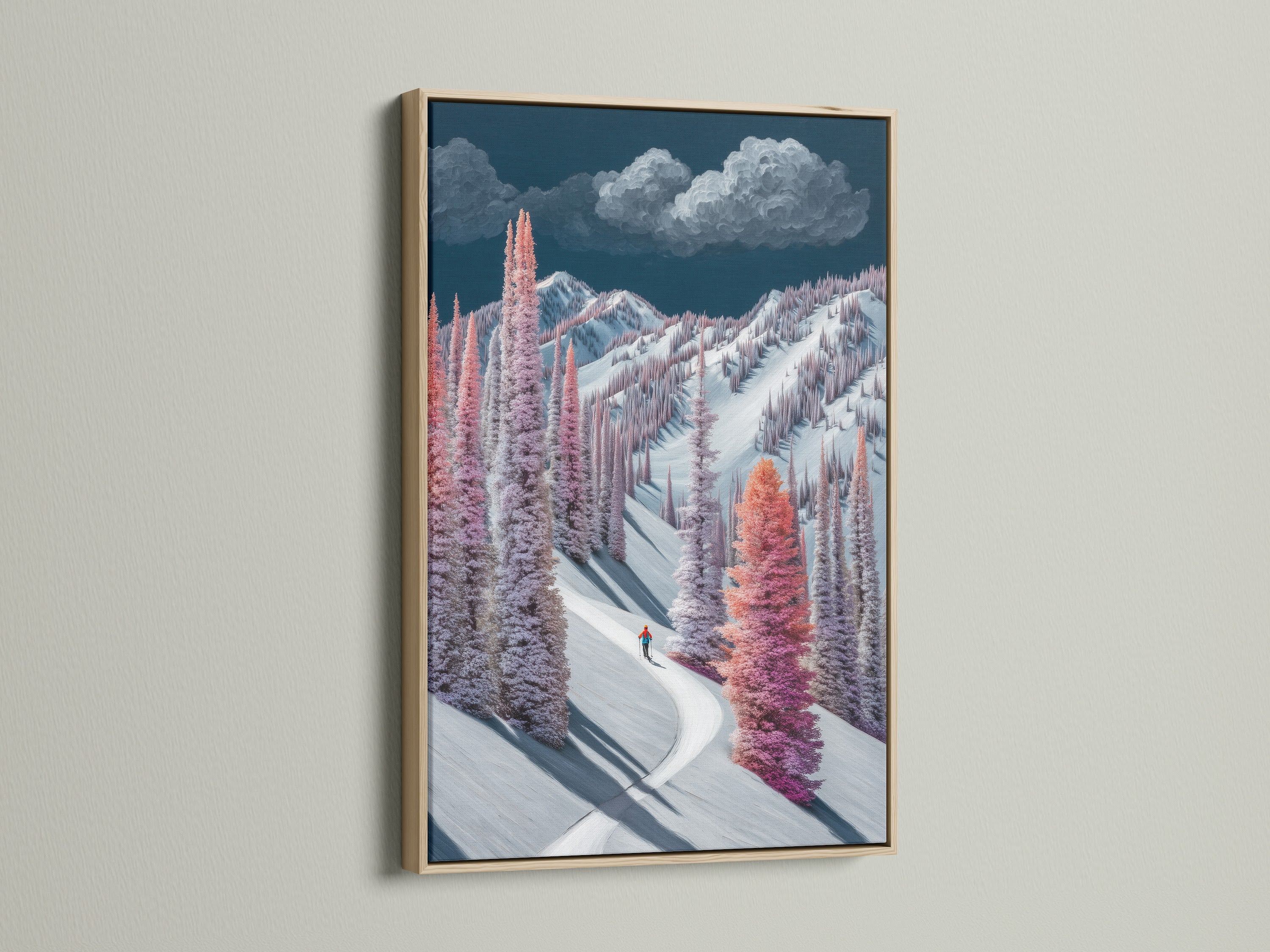 Winter Mountain Canvas Print in an oak frame. Discover snowy trees wall art. This pastel landscape painting adds beauty to any home decor. This artwork brings a touch of winter wonderland to your walls. Perfect for Scandinavian styles