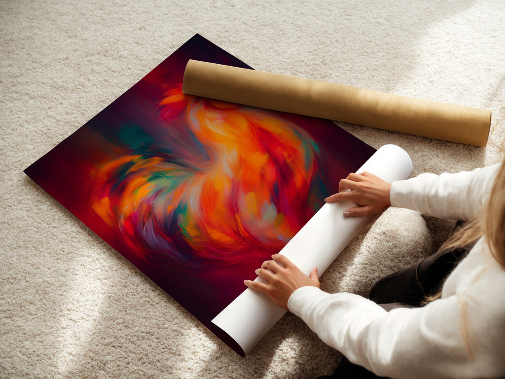 A woman carefully rolling a fine art poster paper of the rooster artwork. This high-quality print captures the vibrant colors and intricate details of the original canvas. Perfect for any room.