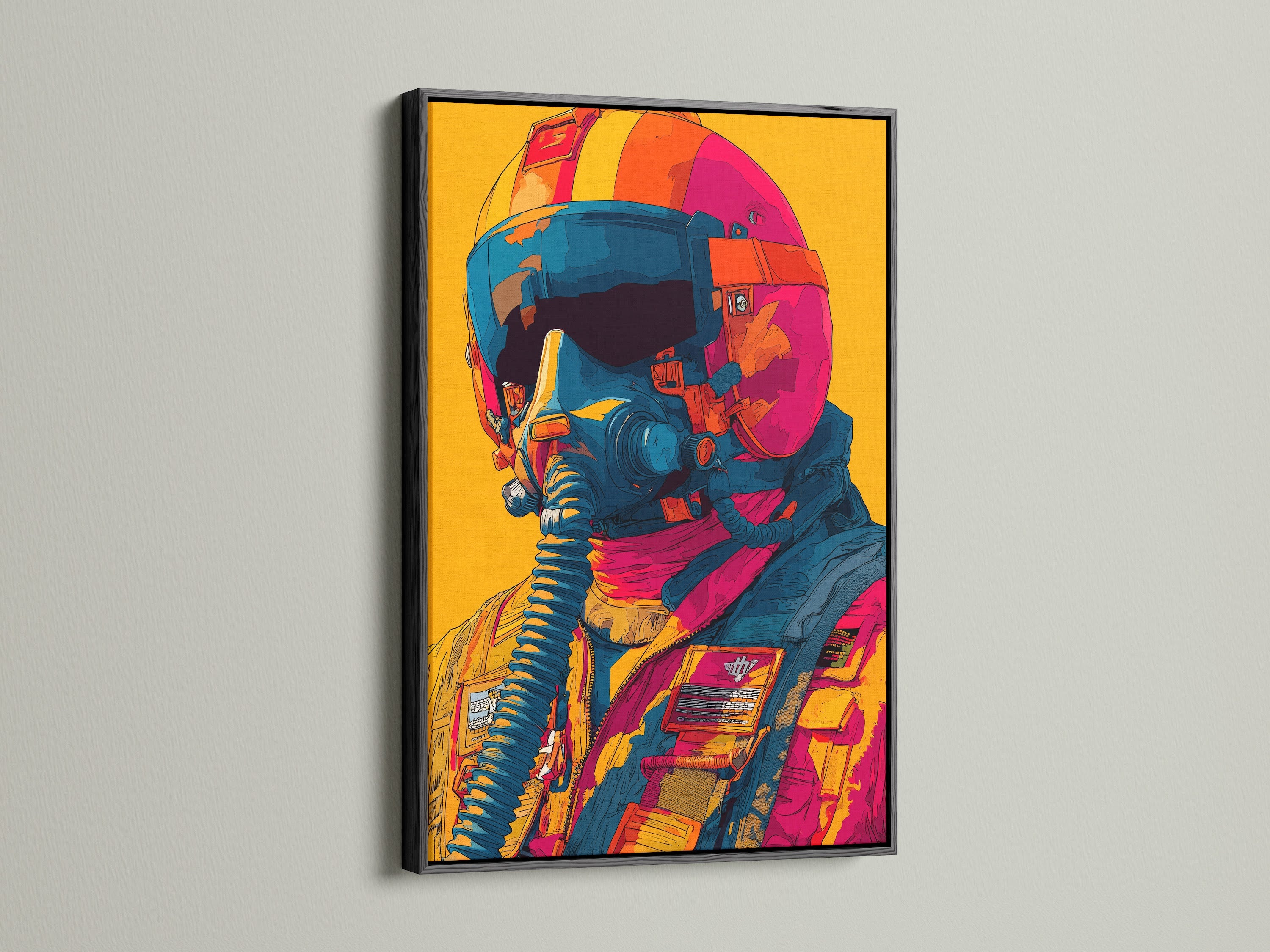 Artwork in a black frame hangs on a white wall. The art features a pilot with a helmet and mask. The black frame adds a bold and sophisticated touch. This is a striking piece for any room.