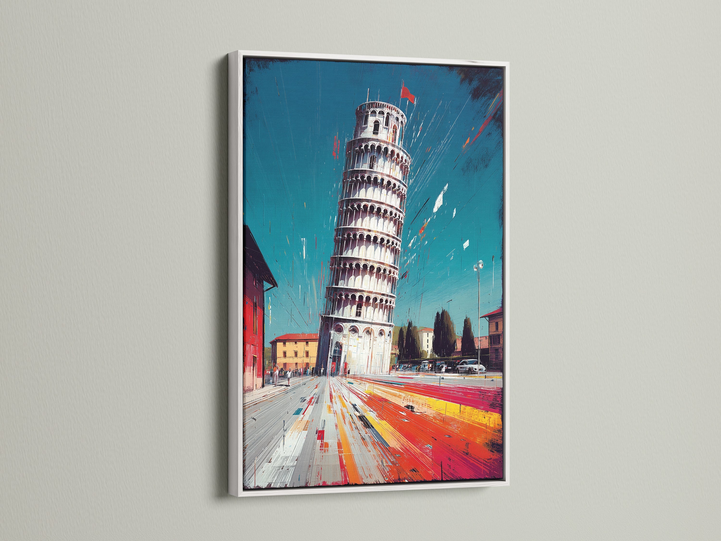 A white frame offers a clean modern look. This frame highlights the vibrant travel wall art adding sophistication. The white frame provides a versatile option for various contemporary artwork styles. Elevate your study room artwork with this sleek choice