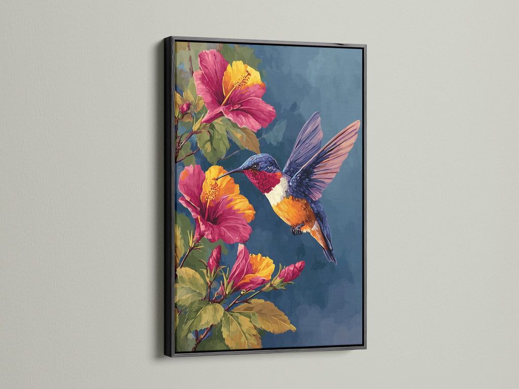 The black frame highlights the artwork. The hummingbird and hibiscus flowers add a bold touch. The dark frame creates a striking contrast. It is a sophisticated choice for displaying art in any room. View more framed artwork.