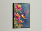 The black frame highlights the artwork. The hummingbird and hibiscus flowers add a bold touch. The dark frame creates a striking contrast. It is a sophisticated choice for displaying art in any room. View more framed artwork.