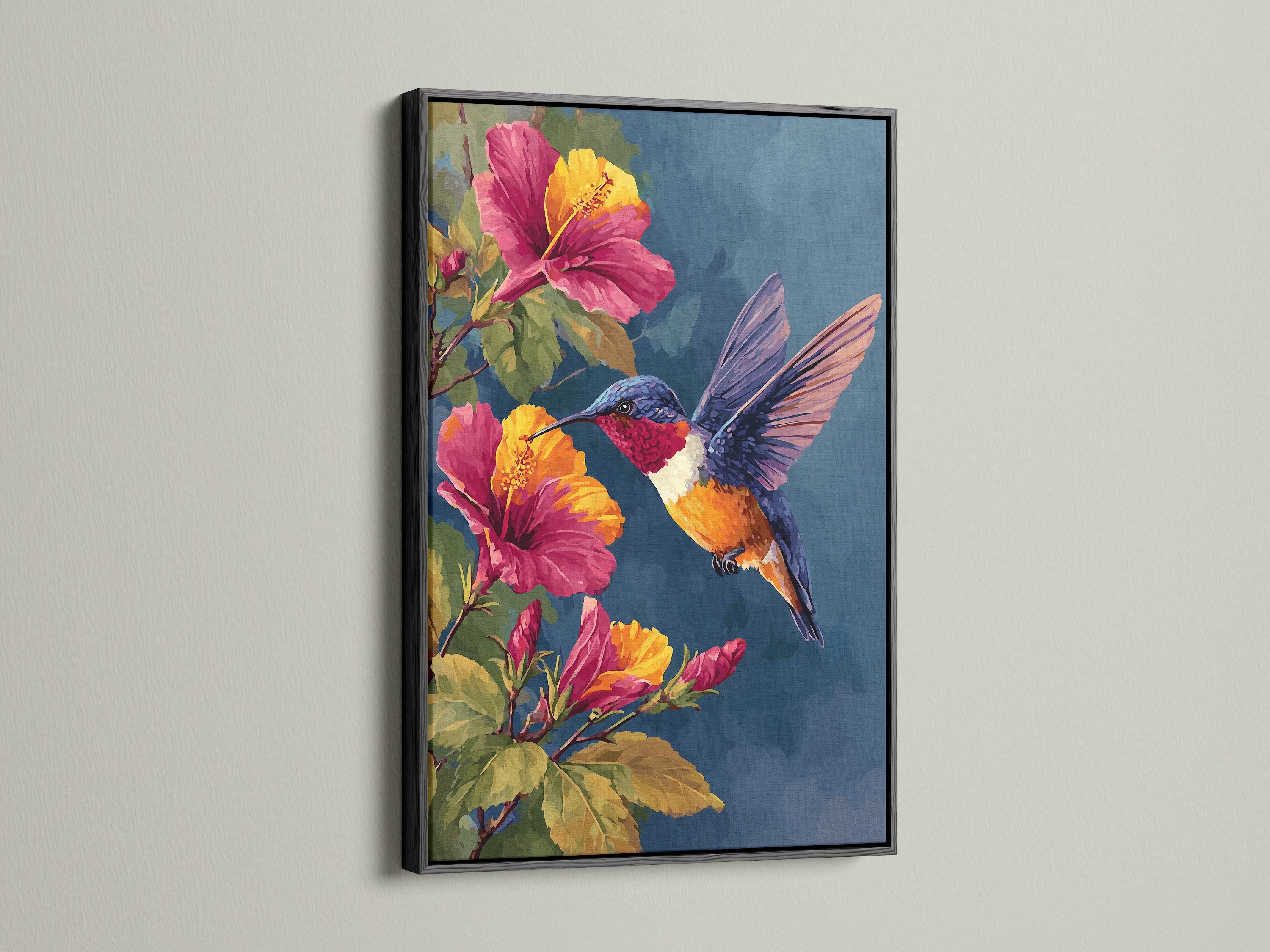 The black frame highlights the artwork. The hummingbird and hibiscus flowers add a bold touch. The dark frame creates a striking contrast. It is a sophisticated choice for displaying art in any room. View more framed artwork.