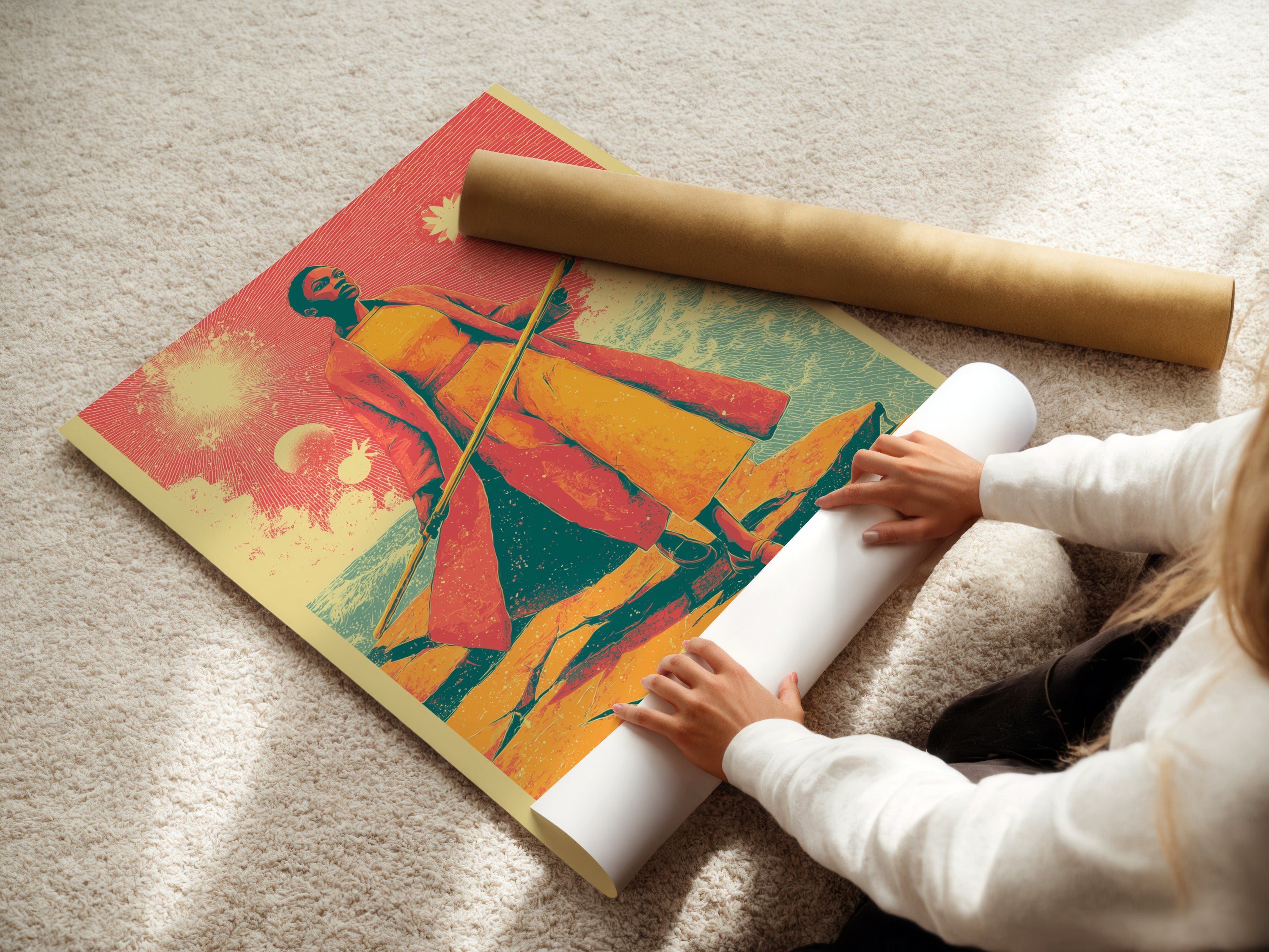 A woman is carefully rolling a fine art poster paper. The retro fantasy art print is ready for framing. This vintage sci-fi woman canvas art will soon adorn a wall. The surreal desert wall decor is about to transform a space. The artwork is perfect for study room wall art.