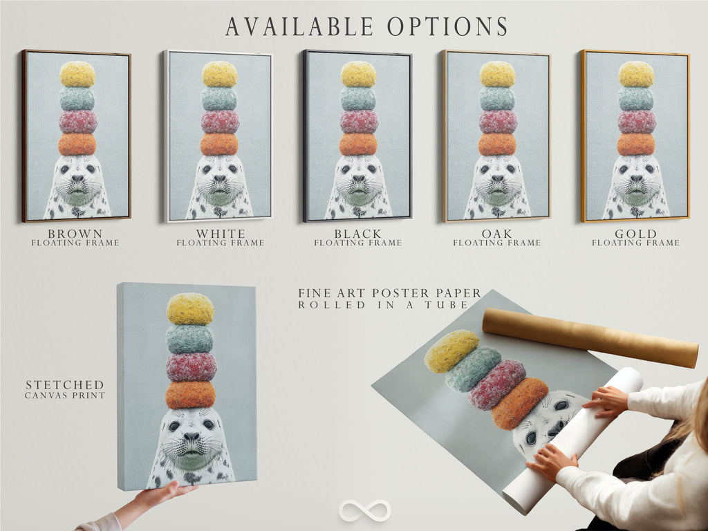 Available options for the whimsical seal artwork. Choose from a stretched canvas print a fine art poster paper or a floating frame. Customize your artwork to suit your style. Perfect for kids rooms nurseries or any space in need of a playful touch. Explore our art options today.