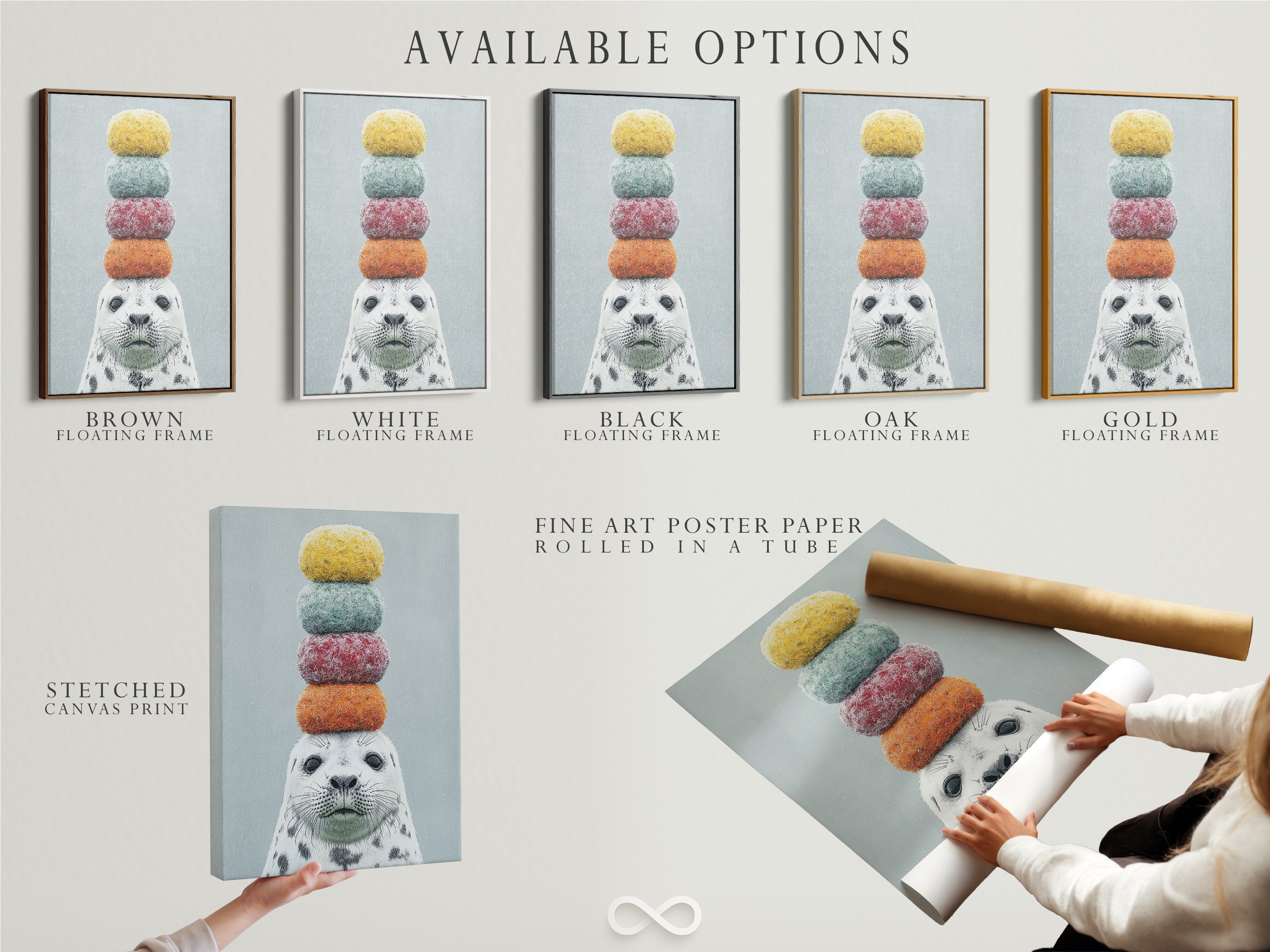 Available options for the whimsical seal artwork. Choose from a stretched canvas print a fine art poster paper or a floating frame. Customize your artwork to suit your style. Perfect for kids rooms nurseries or any space in need of a playful touch. Explore our art options today.