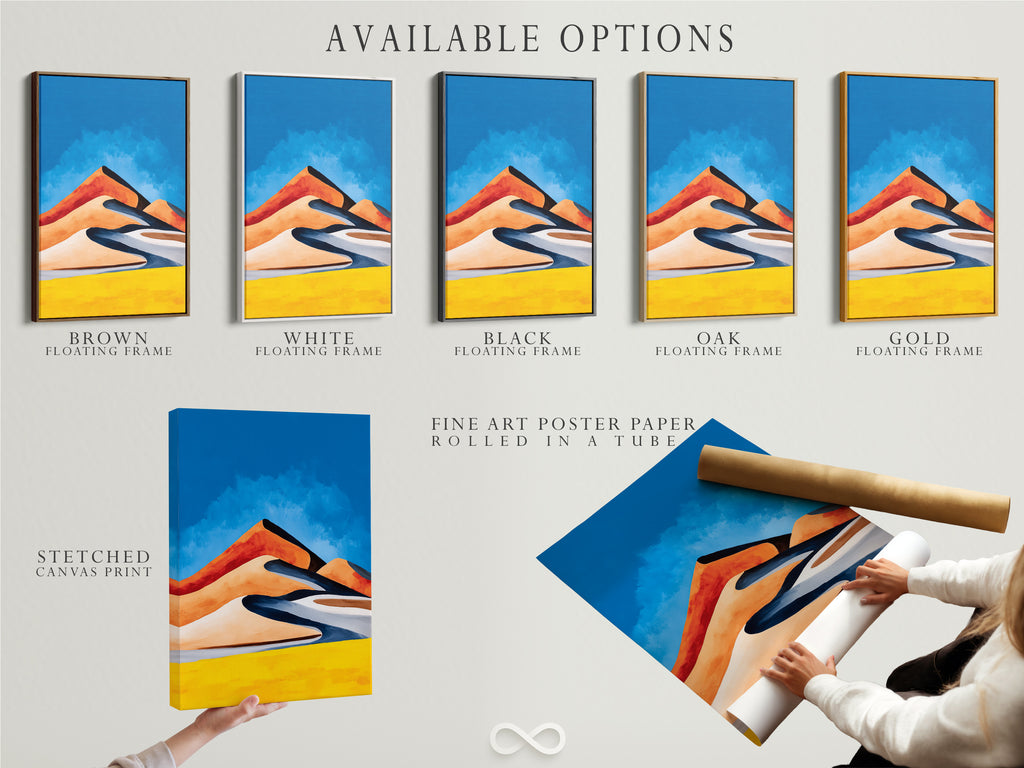 Explore the available options for our Abstract Desert Landscape artwork. Choose from a stretched canvas print fine art poster paper or floating frame. Each option enhances the colorful mountain print in its own unique way. Find the perfect style to match your decor.