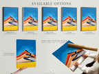 Explore the available options for our Abstract Desert Landscape artwork. Choose from a stretched canvas print fine art poster paper or floating frame. Each option enhances the colorful mountain print in its own unique way. Find the perfect style to match your decor.