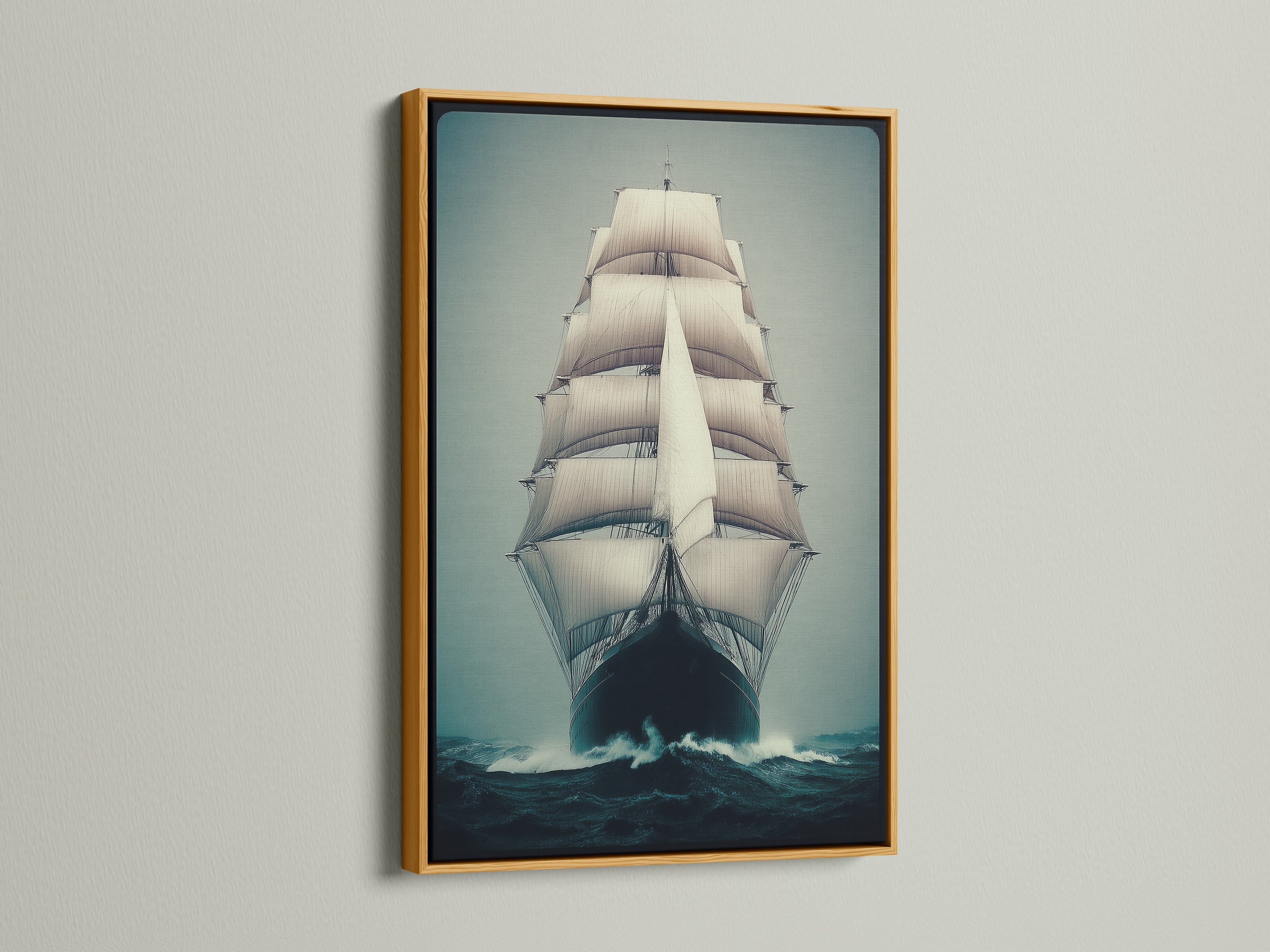 Sailing Ship Canvas Print with a gold frame. The nautical canvas brings a touch of luxury to your walls. The ocean vessel poster enhances coastal decor. Perfect for sailor gift or ocean themed art.
