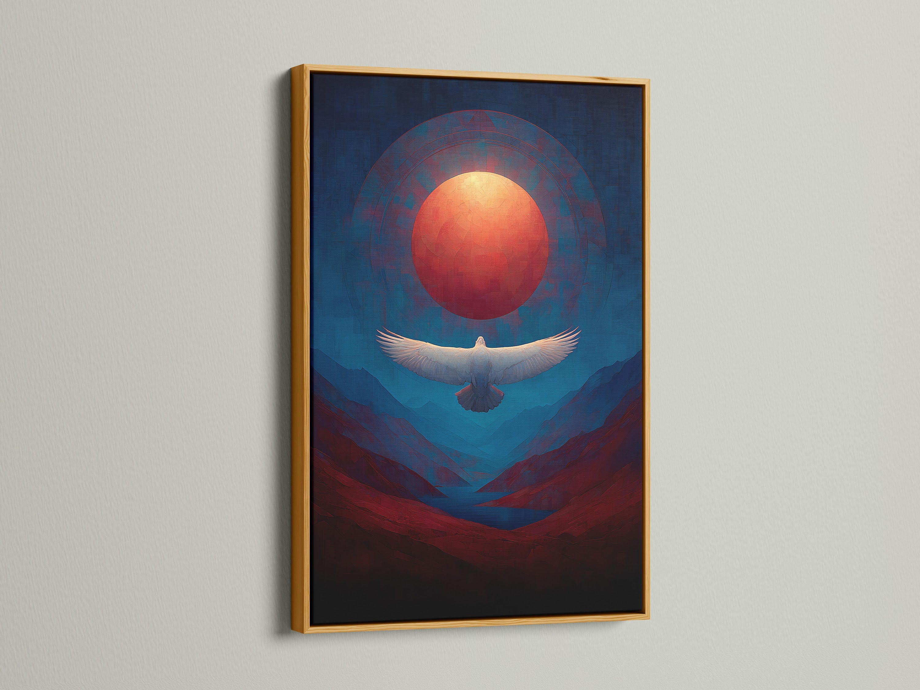 Add a touch of elegance with this eagle artwork in a gold frame. The wildlife canvas showcases a stunning sunset mountain view. The spiritual canvas features a bird in flight. The mystical art print brings a serene and stylish element to your home or studio