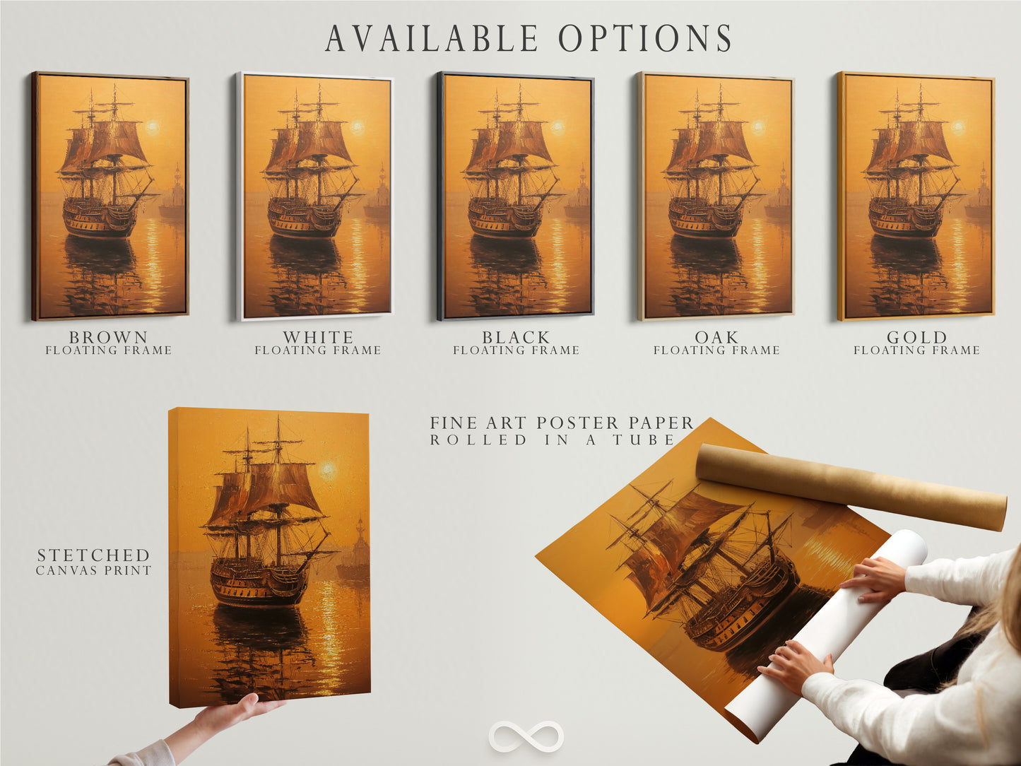 Available options for artwork. Choose from a stretched canvas print. Select fine art poster paper. Consider a floating frame. Each option offers a unique way to display your artwork. The stretched canvas print is ready to hang. The fine art poster paper is perfect for framing. The floating frame adds a touch of elegance.