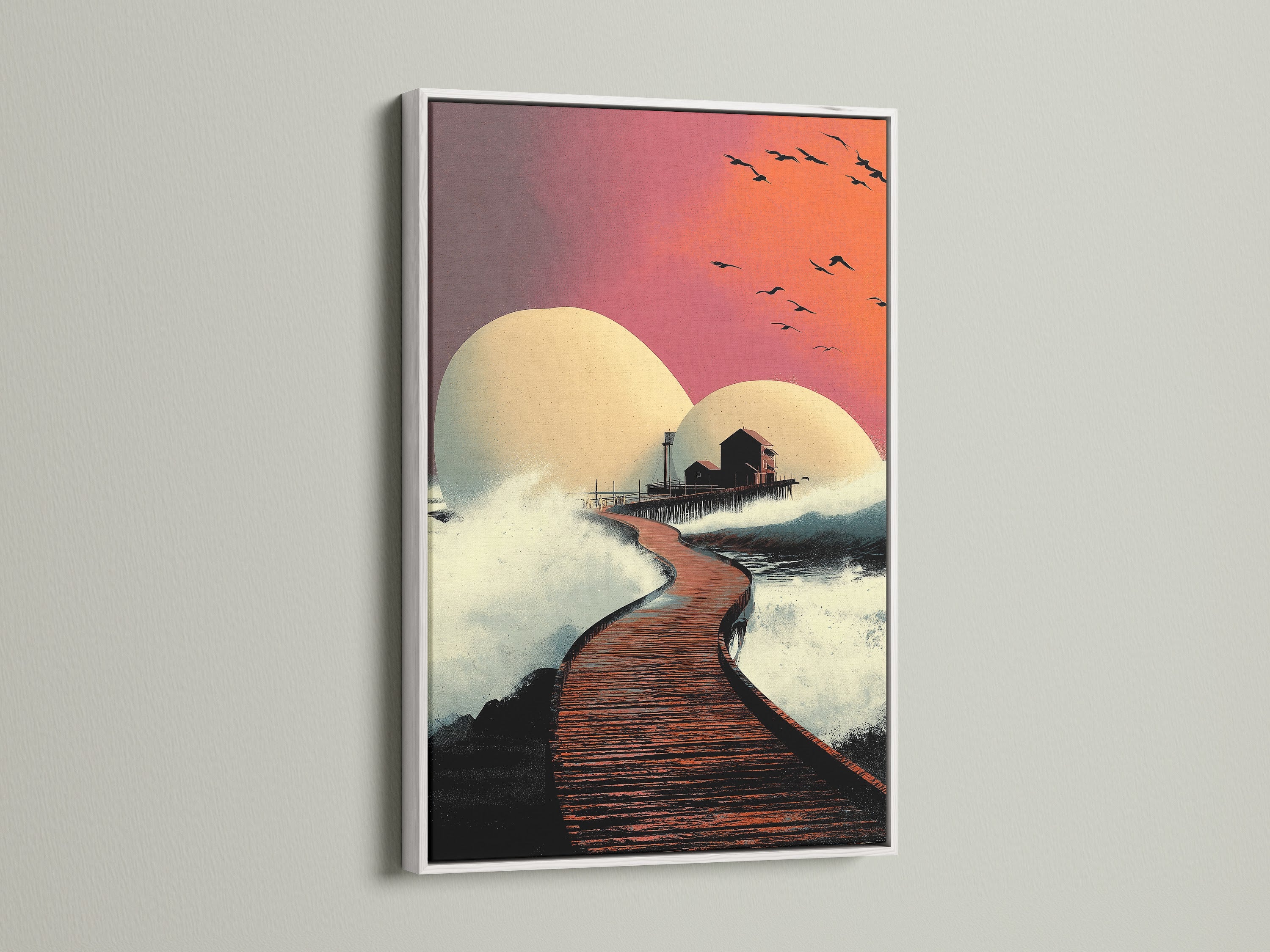 This modern coastal artwork features a sunset pier scene in a white frame. The seascape print captures a house on a pier with an orange and pink sky. A serene addition to any space. Ideal for those seeking modern art prints or beach house art. Transform your decor with this coastal artwork.