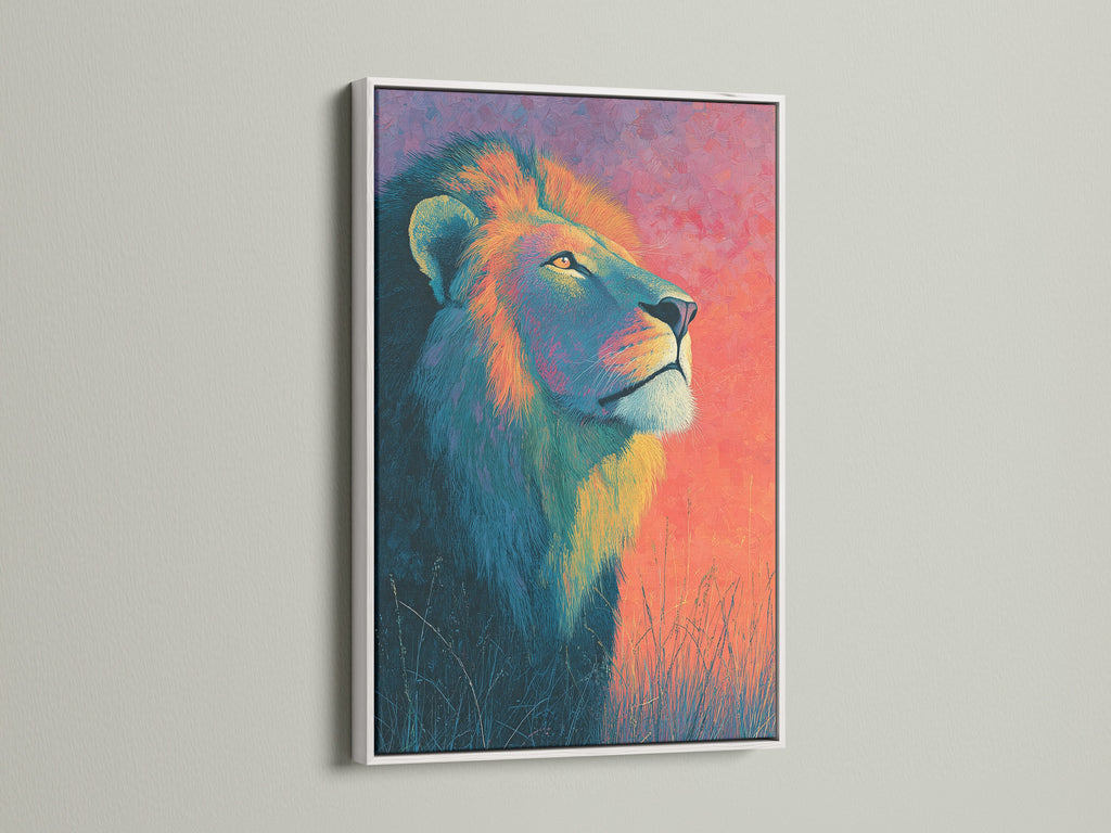 A striking lion artwork is presented in a white frame. The white frame offers a clean modern look. It allows the art to stand out. Discover the elegance of white frames for your artwork.