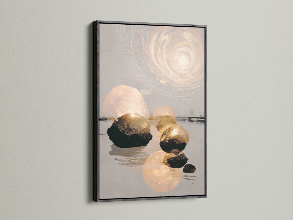 Abstract Zen artwork in a black frame. The balanced stone art enhances living room walls. This modern minimalist piece is great for office wall art. It adds a touch of contemporary style to any space. Explore serene prints for studios or lobbies. Elevate your decor.