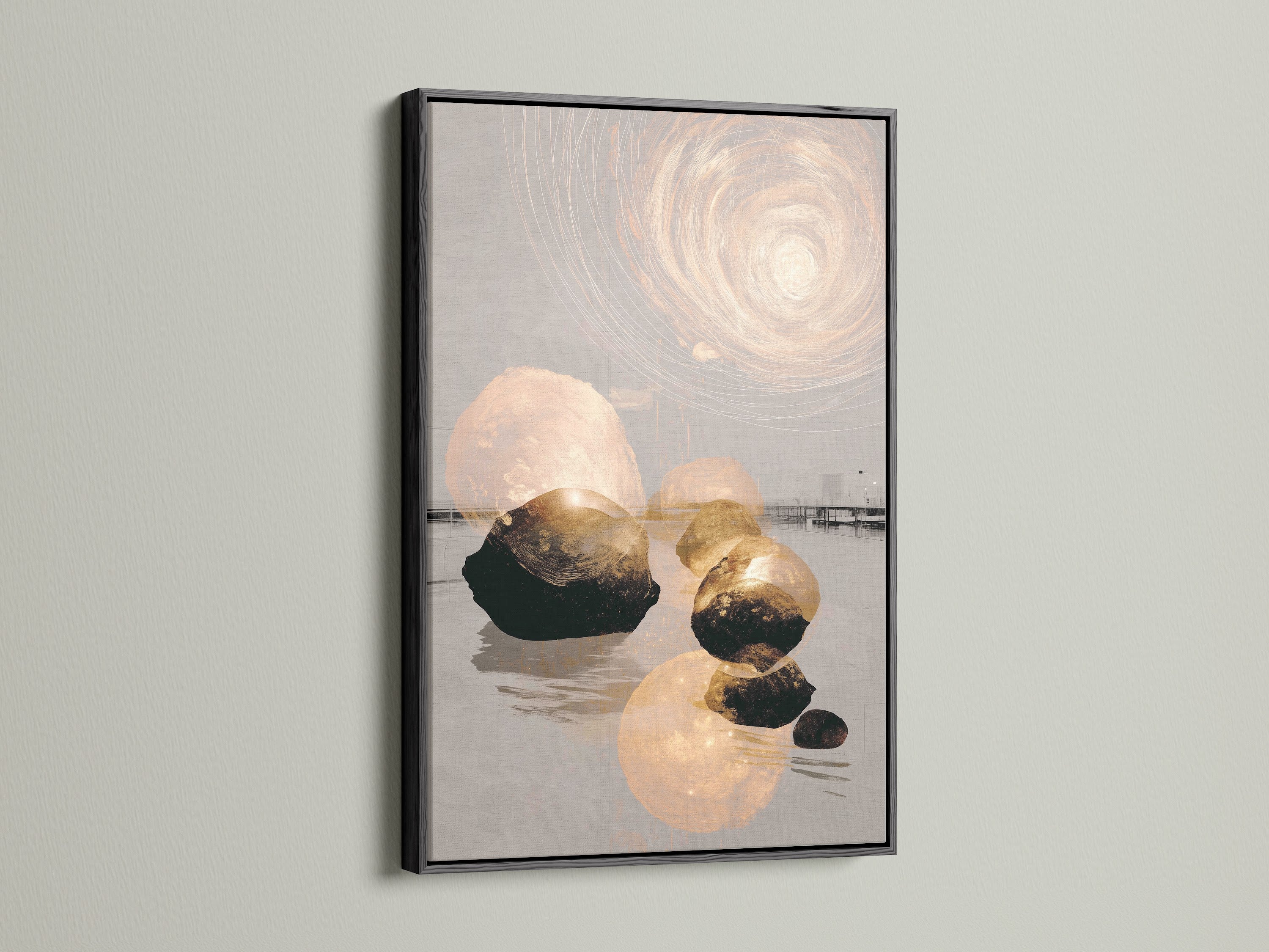 Abstract Zen artwork in a black frame. The balanced stone art enhances living room walls. This modern minimalist piece is great for office wall art. It adds a touch of contemporary style to any space. Explore serene prints for studios or lobbies. Elevate your decor.