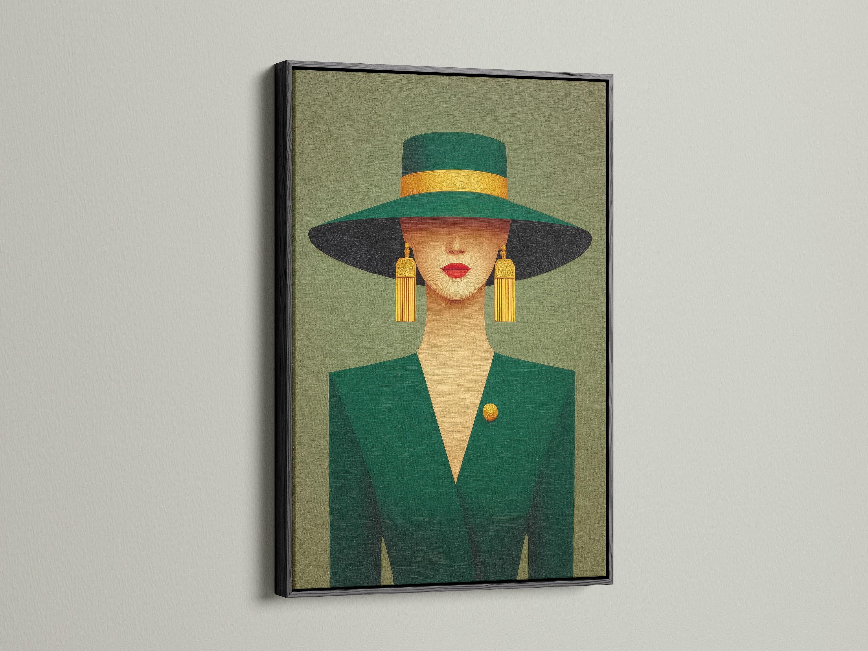 Elegant woman portrait artwork displayed in a black frame. This art deco style print features emerald green and gold. It adds a touch of vintage fashion to any wall. The black frame creates a bold contrasting look. Ideal for office wall art or salon decor.