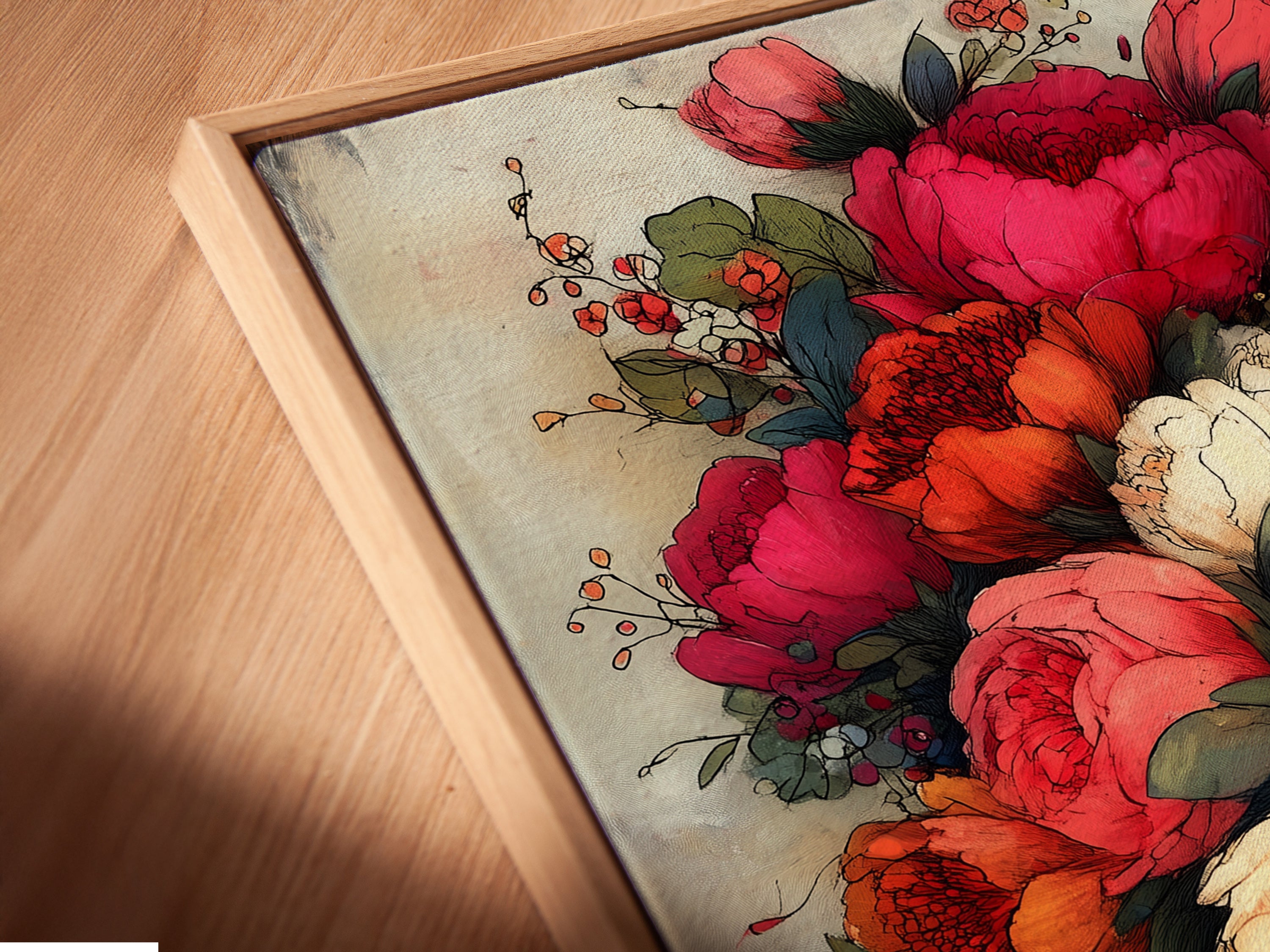 Close-up angled view of a canvas print in a floating frame. The artwork features a floral bouquet of red peonies in a vintage botanical style. Elevate your space with this elegant flower artwork today. Discover flower wall art for your home.