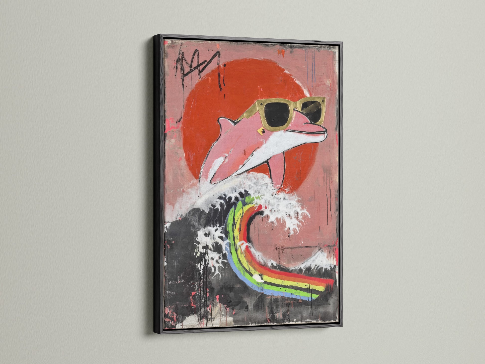 This photo shows the funky pop art canvas in a sleek black frame. The black frame provides a bold contrast to the colorful animal artwork. It creates a modern and edgy look. This piece is perfect as a statement piece. It is ideal for a dorm or playroom.