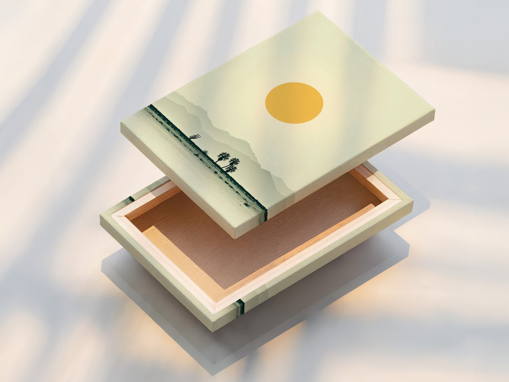 The stretched canvas print displays a serene desert landscape. The artwork has warm earth tones. It is minimalist wall art. This print brings southwestern decor to a home office. It creates a calming and inviting atmosphere in any modern space.