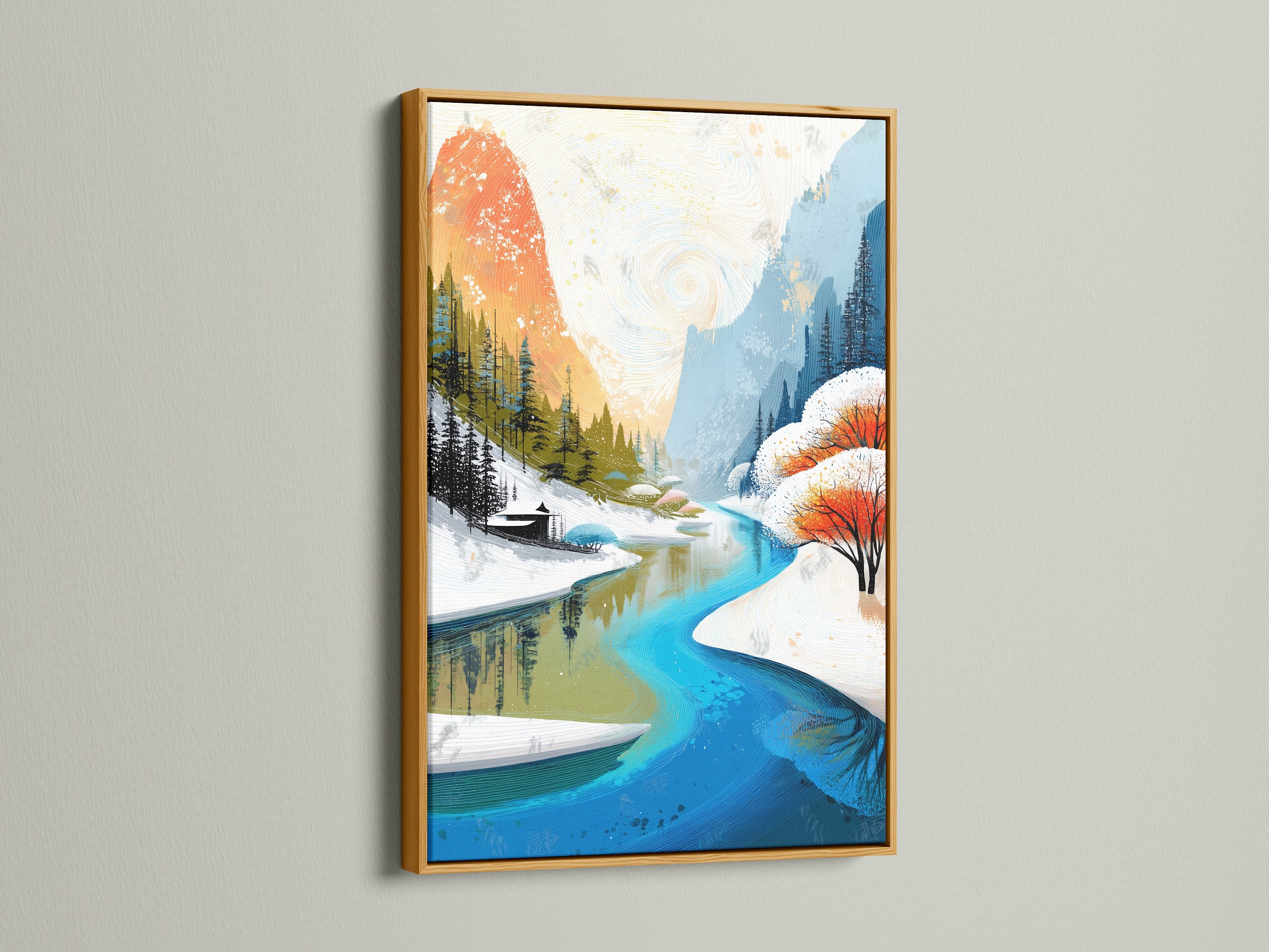 A gold frame adds a touch of luxury to this winter landscape artwork. The snowy mountain river scene is vibrant with teal and orange colors. This nature print brings sophistication to any room. Perfect for homeowners and interior decorators. Elevate your space with this exquisite piece of artwork.