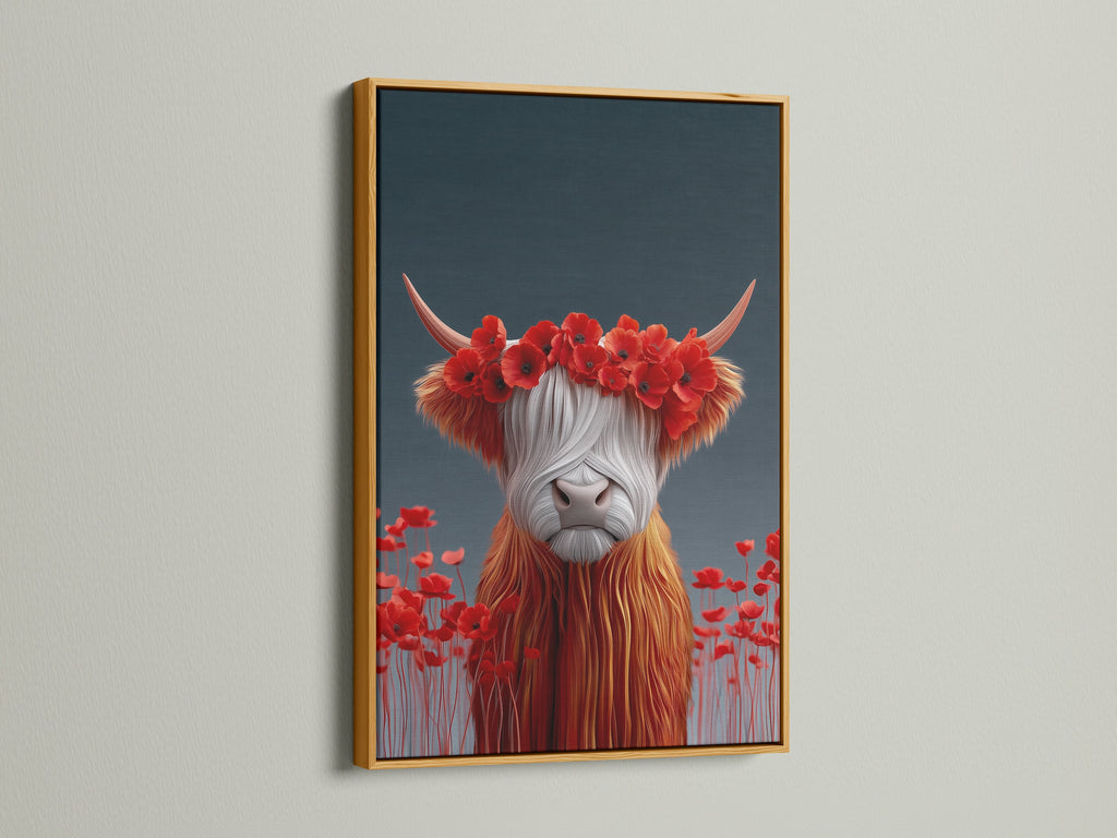 The Highland Cow artwork is presented in a luxurious gold frame. The metallic finish adds a touch of glamour to the floral cow print. Perfect for making a statement in your living room. Explore this unique animal art print