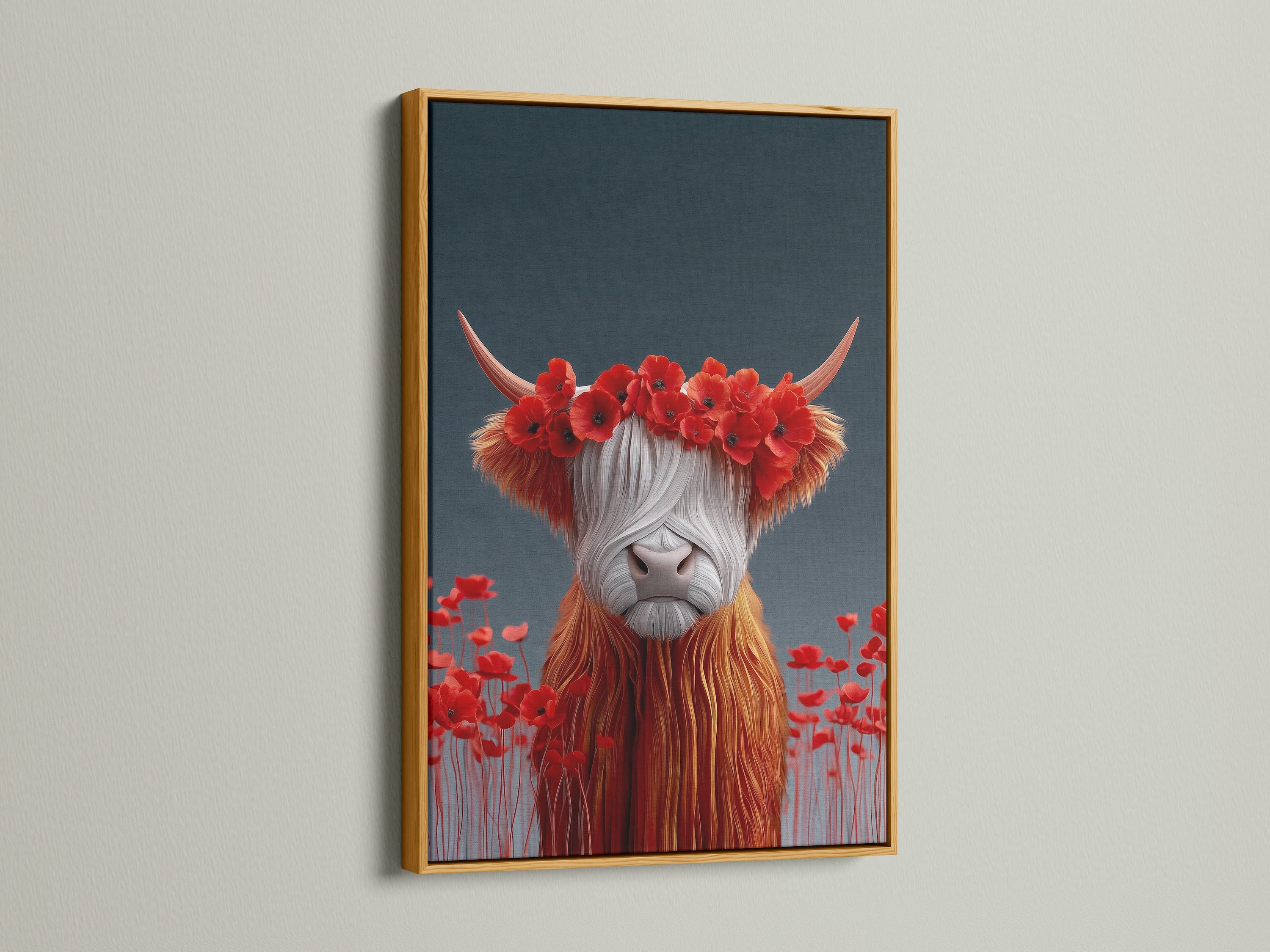 The Highland Cow artwork is presented in a luxurious gold frame. The metallic finish adds a touch of glamour to the floral cow print. Perfect for making a statement in your living room. Explore this unique animal art print