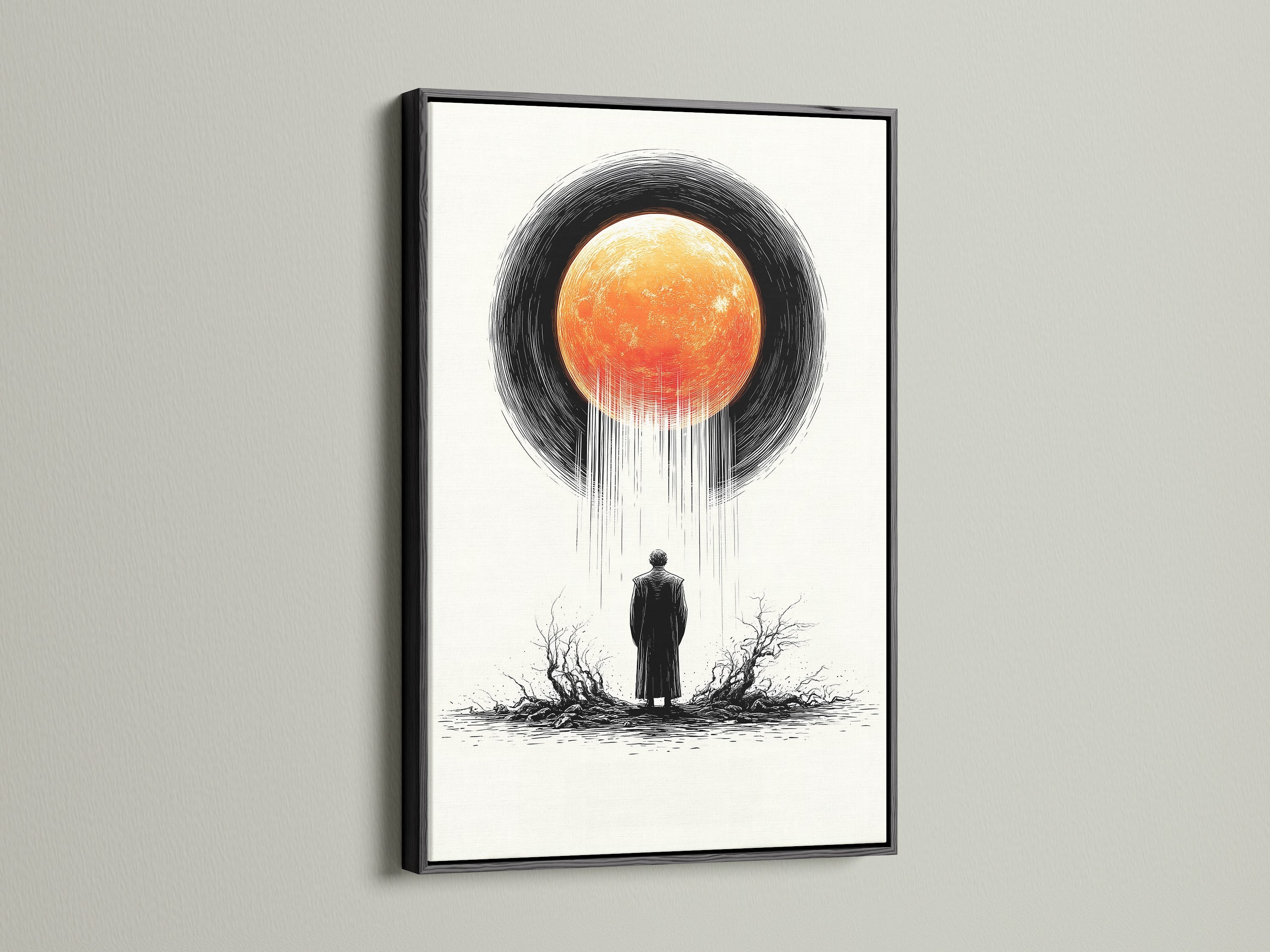 Celestial canvas featuring eclipse art in a black frame. This modern surrealism piece adds dramatic artwork to any space. Ideal for cafés and businesses. The man and moon print creates a cosmic decor. Black framed art.