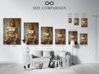 Size comparison chart in an interior setting. View the options for a strong woman artwork. Find the perfect size for your fitness motivation wall art. Ideal for home gym decor. Choose your perfect piece.