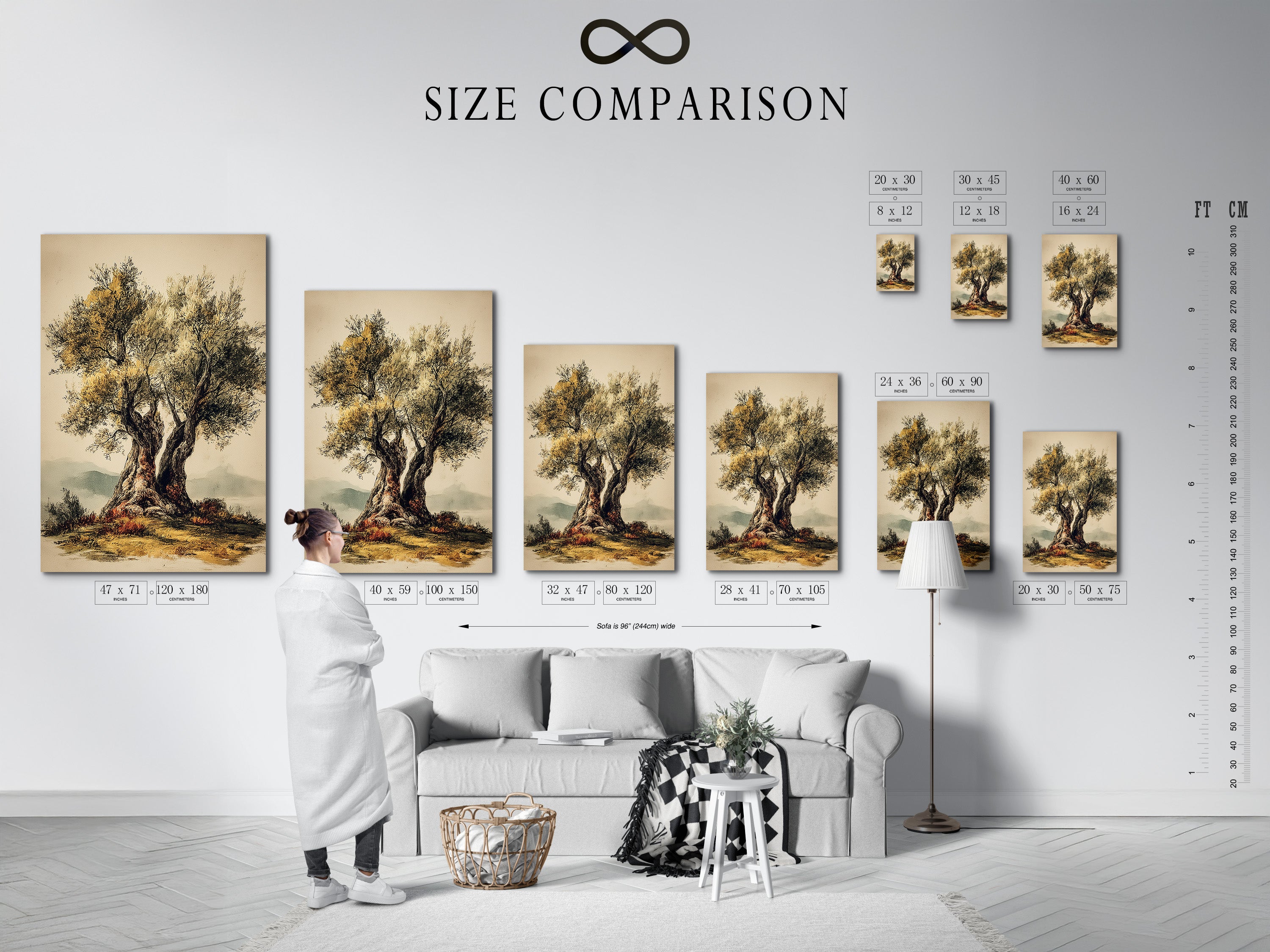 Size comparison chart displayed in a home interior. The chart shows various artwork sizes. It helps visualize artwork dimensions. Find the perfect size for your space.