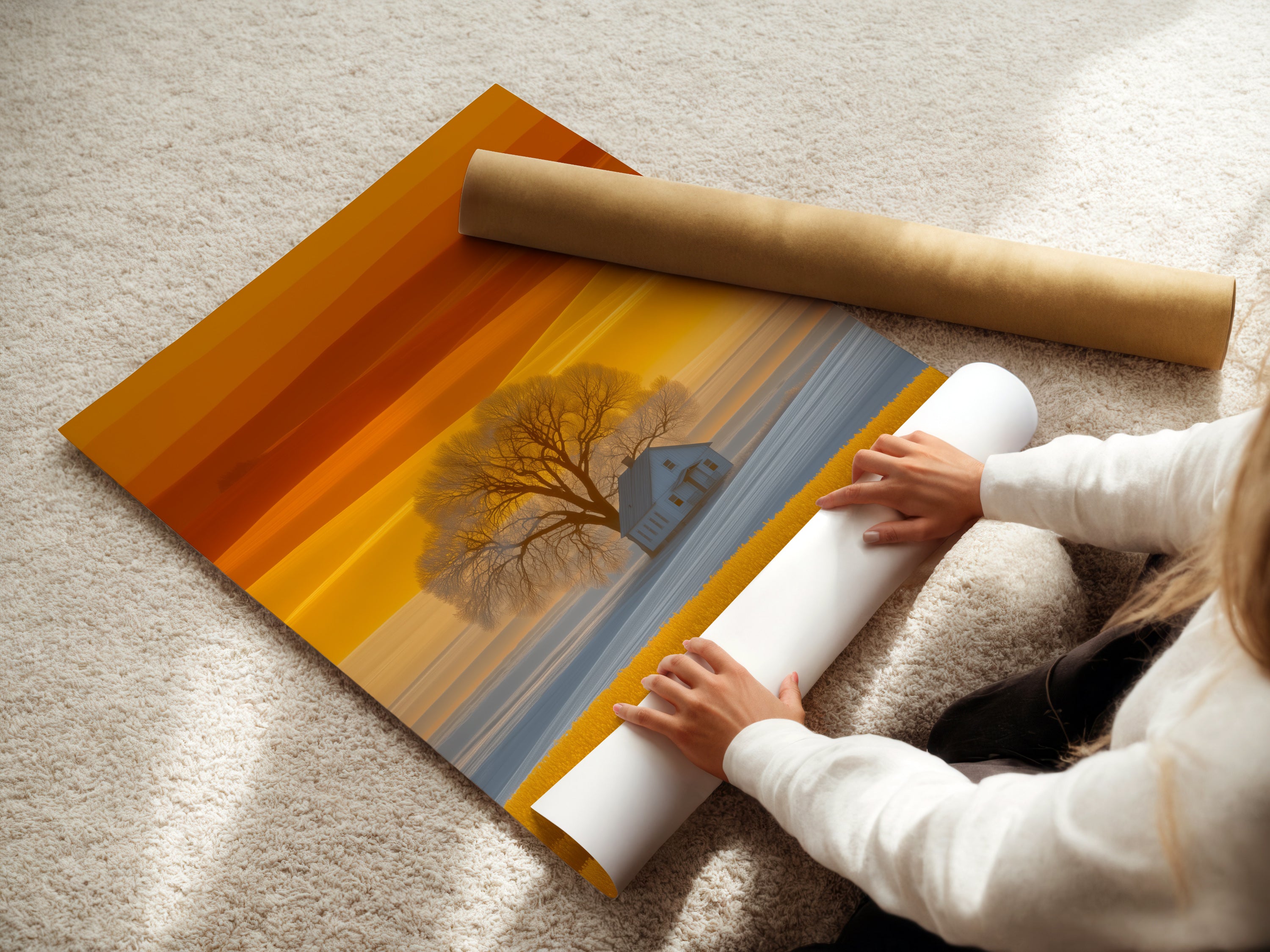 A woman is carefully rolling a fine art poster paper. This farmhouse landscape artwork is ready for framing. The golden field wall art captures a scenic view of a country house. Perfect for adding rustic art to your living space or office.