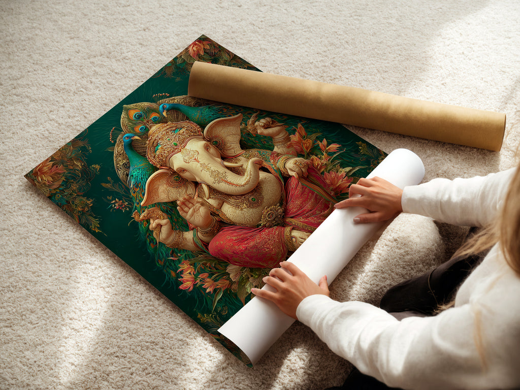 A woman carefully rolling a fine art poster paper. This highlights the care in handling Ganesha Wall Art. The poster paper ensures high-quality spiritual prints. Perfect for Hindu home decor and meditation spaces. The teal and gold artwork shines.