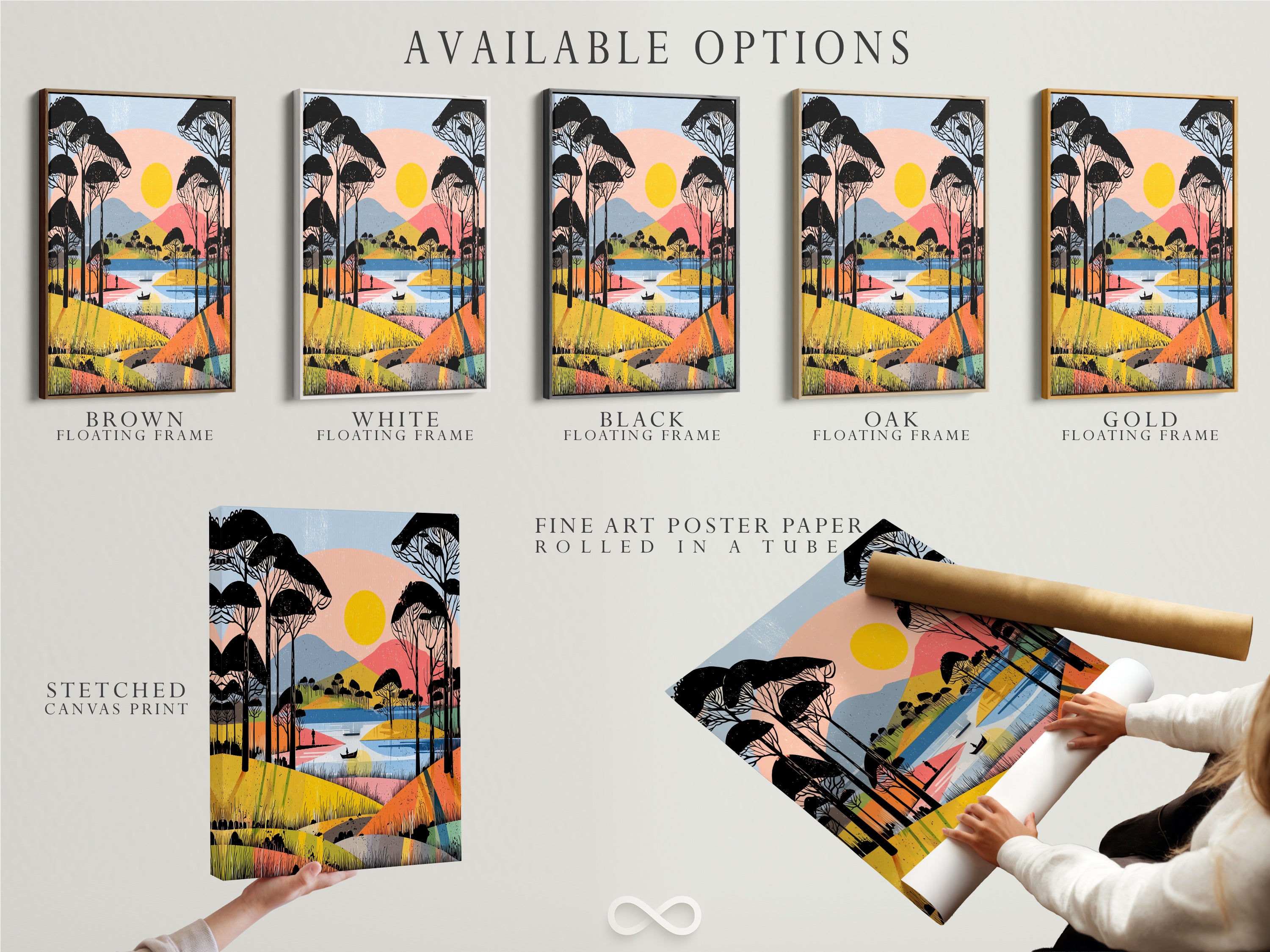 Available options include a stretched canvas print fine art poster paper and floating frame. Choose the perfect format to showcase abstract landscape artwork. Each option enhances the colorful geometric artwork. Find the ideal style for your modern decor needs.