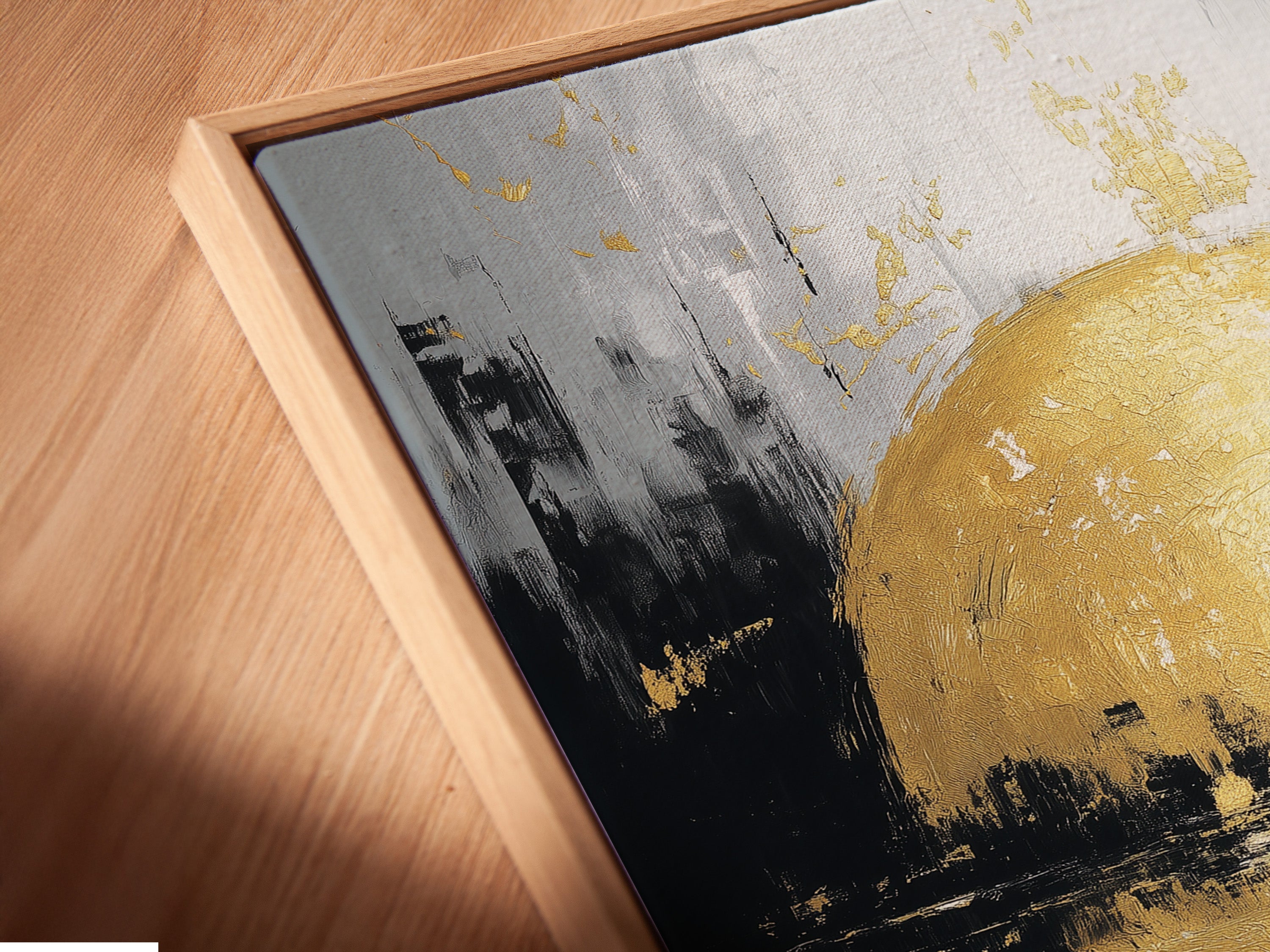 A close-up shot reveals a canvas print in a floating frame. The floating frame creates a unique visual effect. It separates the artwork from the wall. Experience the contemporary style of floating frames.