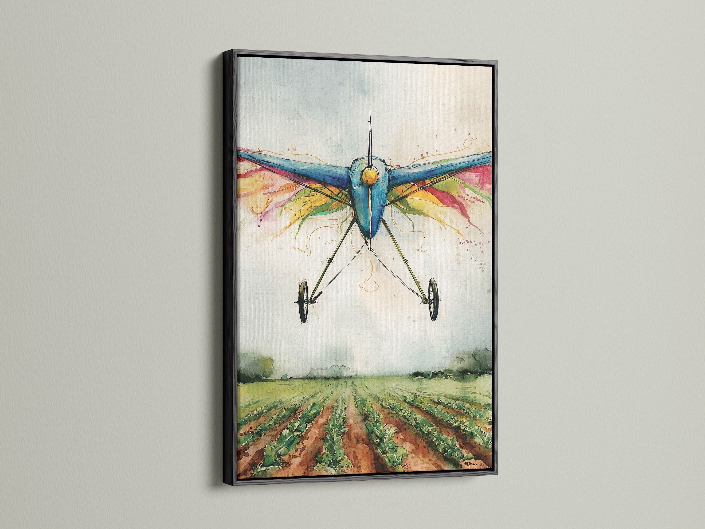 A black frame presents a watercolor airplane artwork print. This aviation canvas features a biplane over a field. The art adds a touch of sophistication. It is ideal for office wall art or a pilot's gift.
