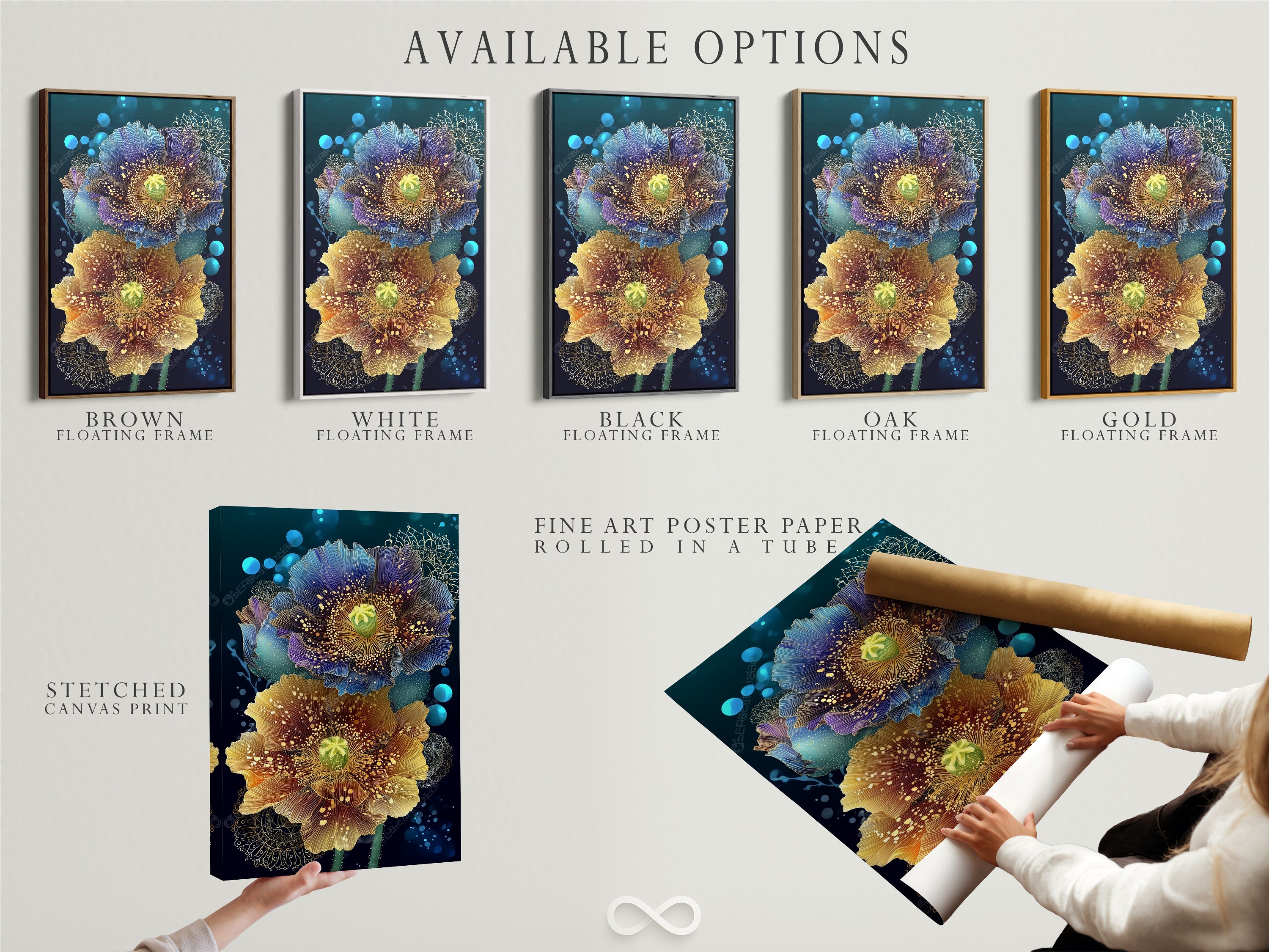 Available options for our floral canvas prints. Choose from stretched canvas print fine art poster paper or floating frame. Modern flower artwork to suit your style. Explore our teal and gold options!