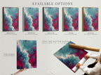 This image showcases available options for abstract fluid art prints. Options include a stretched canvas print a fine art poster paper and a floating frame. Choose the perfect format to complement your style and space. Enjoy modern teal and pink marble swirl artwork in your home.