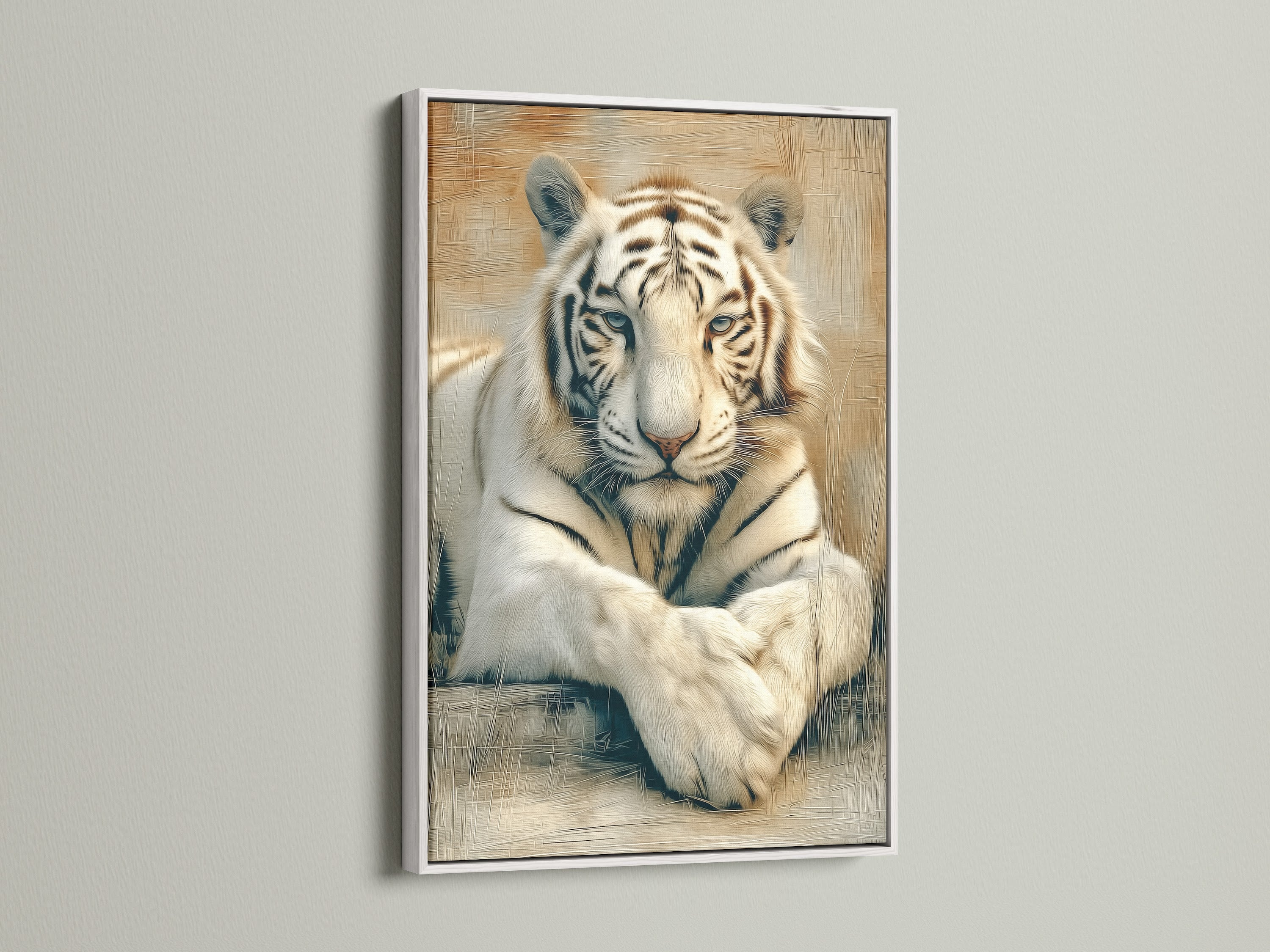 A beautiful white tiger artwork is displayed in a clean white frame. The tiger print enhances your space with safari animal art. This wildlife canvas is perfect for minimalist or Scandinavian decor.