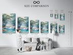 A size comparison chart in an interior setting is shown. See how different sizes of the waterfall artwork fit. Perfect for planning your wall art decor. Choose the right size for your space and style.