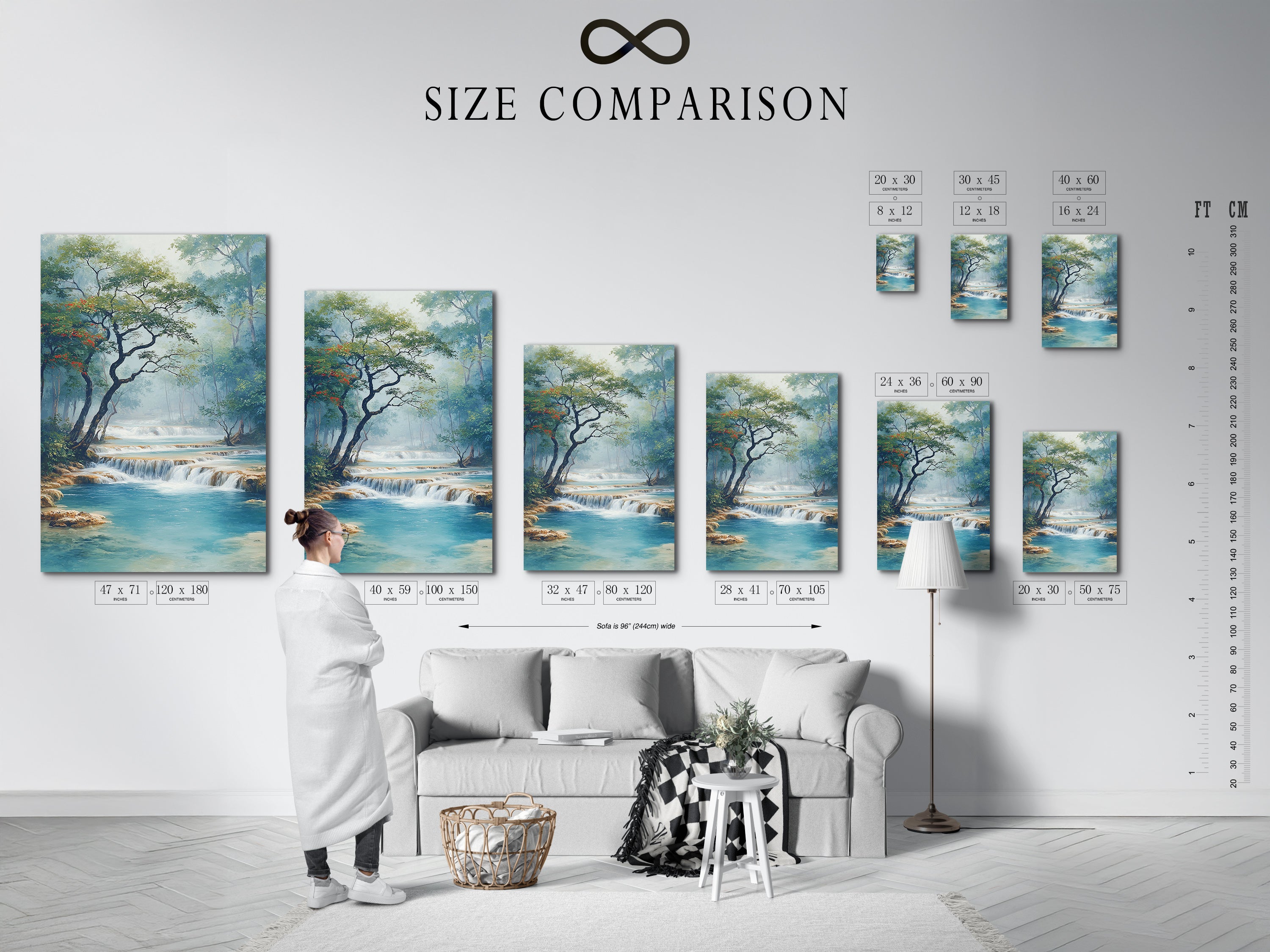 Size comparison chart for the waterfall artwork in an interior setting. See how the nature print fits. It transforms living rooms bedrooms spas lobbies clinics and waiting rooms.