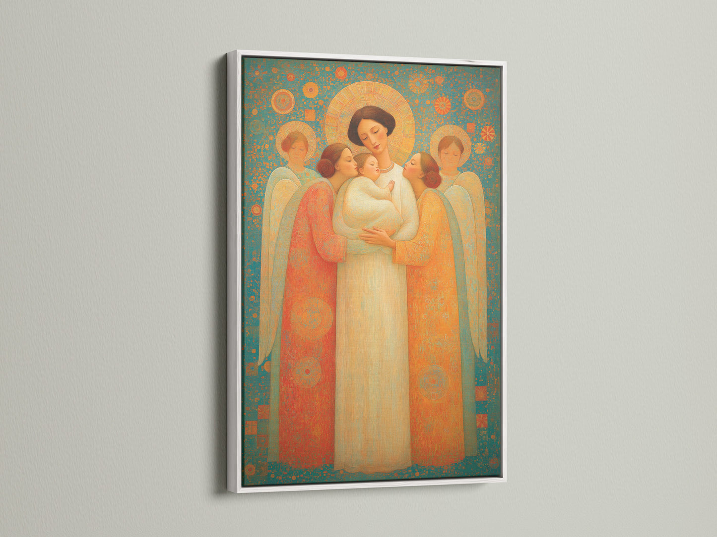 The angel family artwork is beautifully presented in a white frame. The white frame offers a clean contrast to the art's gold and blue hues. It's perfect for adding a spiritual touch to your nursery or bedroom. This religious art is ideal for bohemian and modern spaces. Discover our collection of faith wall art.
